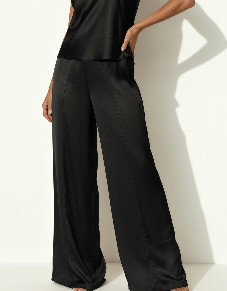 Pantalone ampio in satin fluido con vita elasticata
