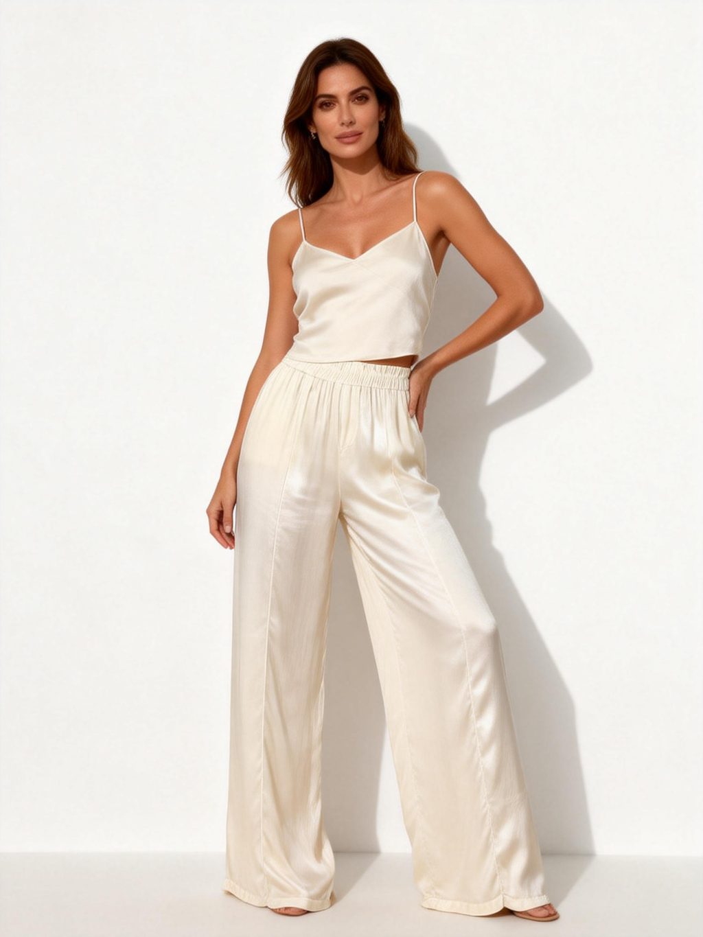 飘逸缎面阔腿裤，腰部采用松紧带设计