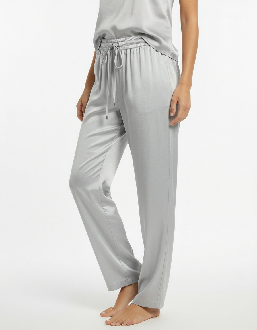 Pantalone dritto in satin fluido con vita elasticata