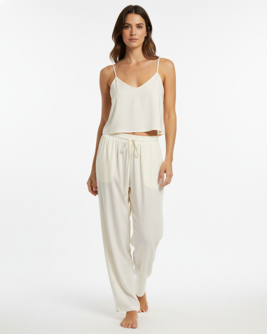 Pantalone dritto in satin fluido con vita elasticata