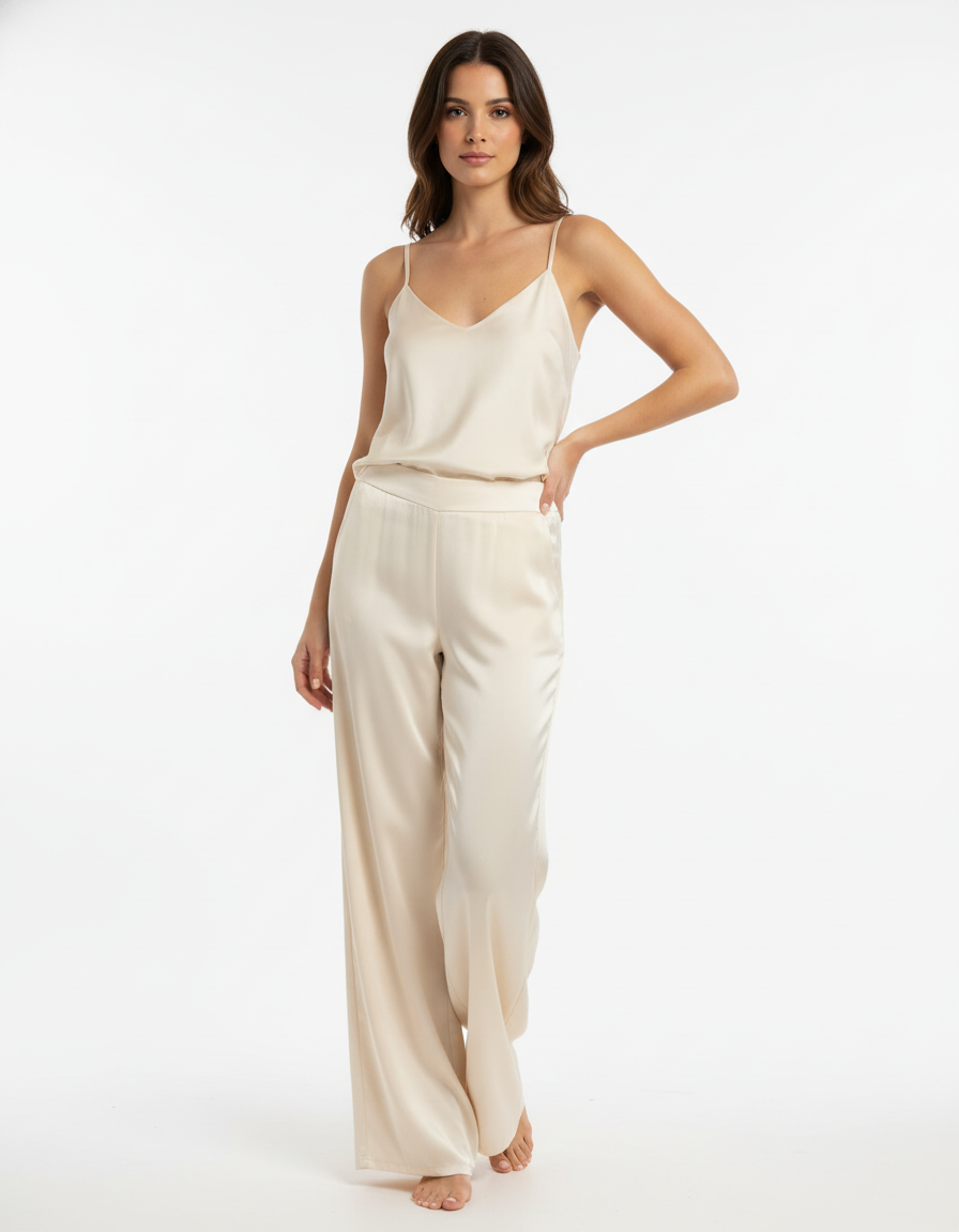 Pantalone palazzo in satin lucente con vita liscia