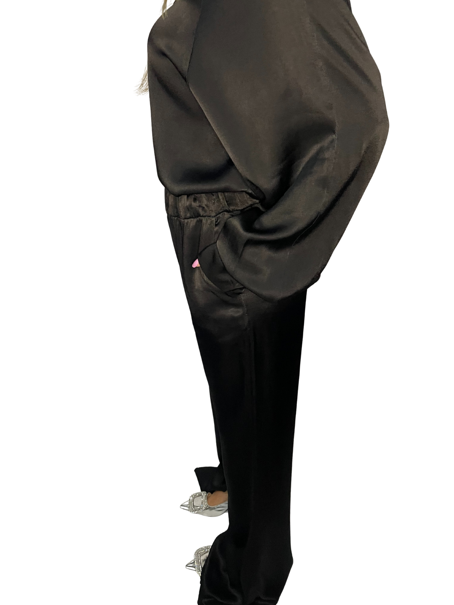 Pantalone palazzo in satin lucente con vita liscia