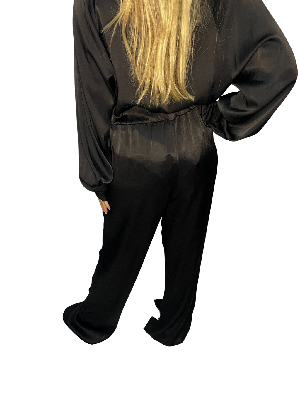 Pantalone palazzo in satin lucente con vita liscia