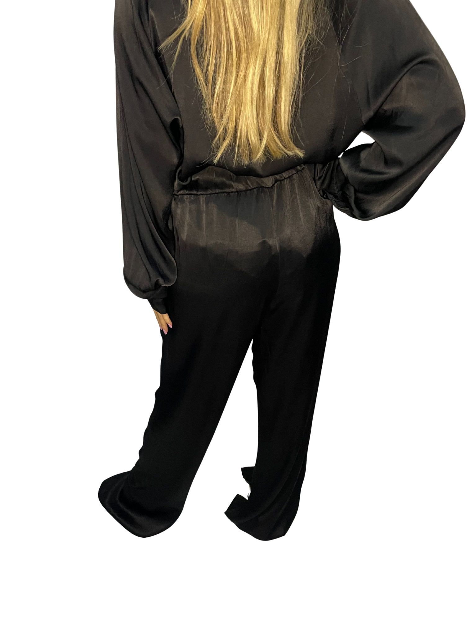 Pantalone palazzo in satin lucente con vita liscia