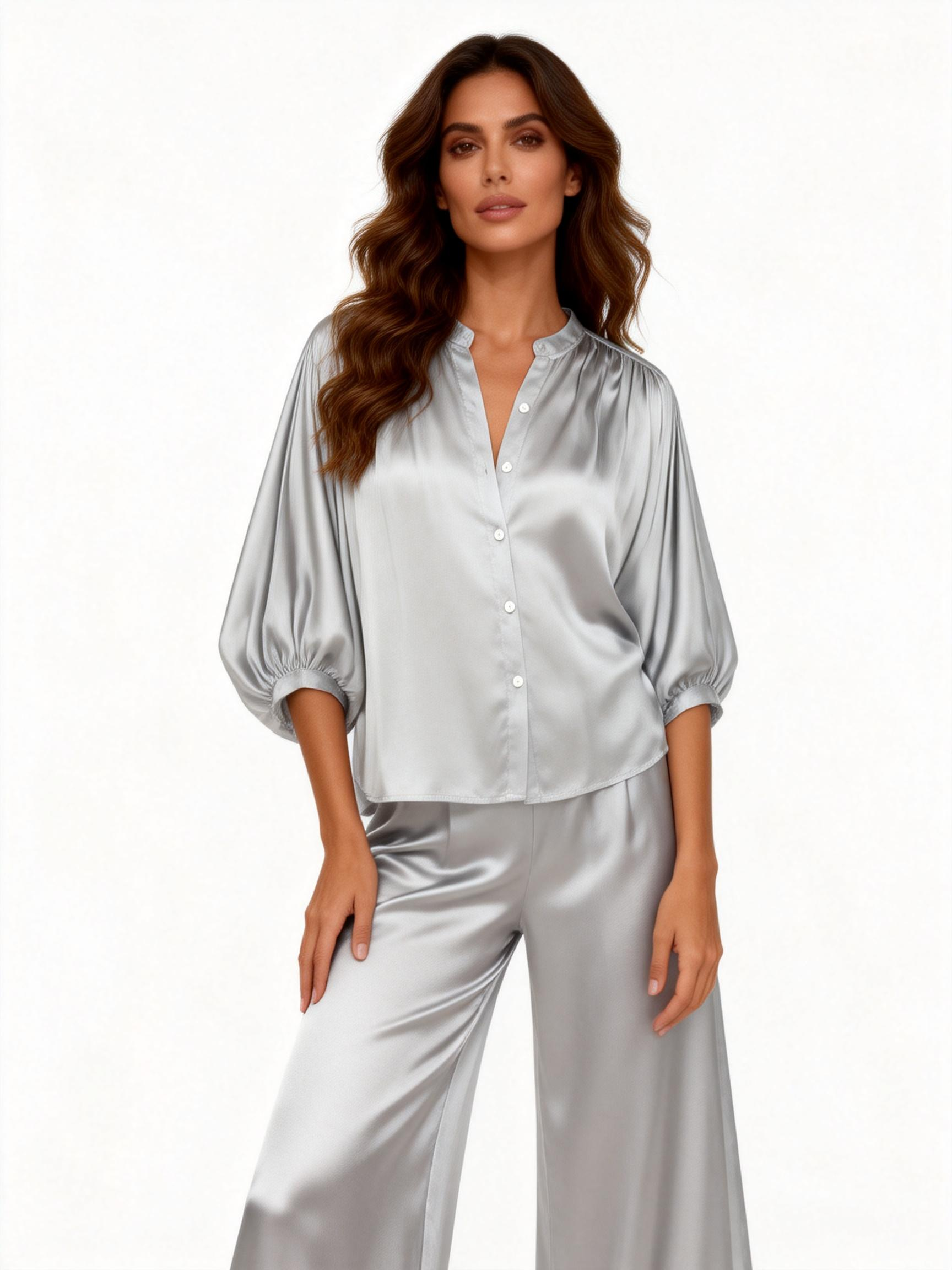 Camicia satin con maniche balloon e collo a fascetta