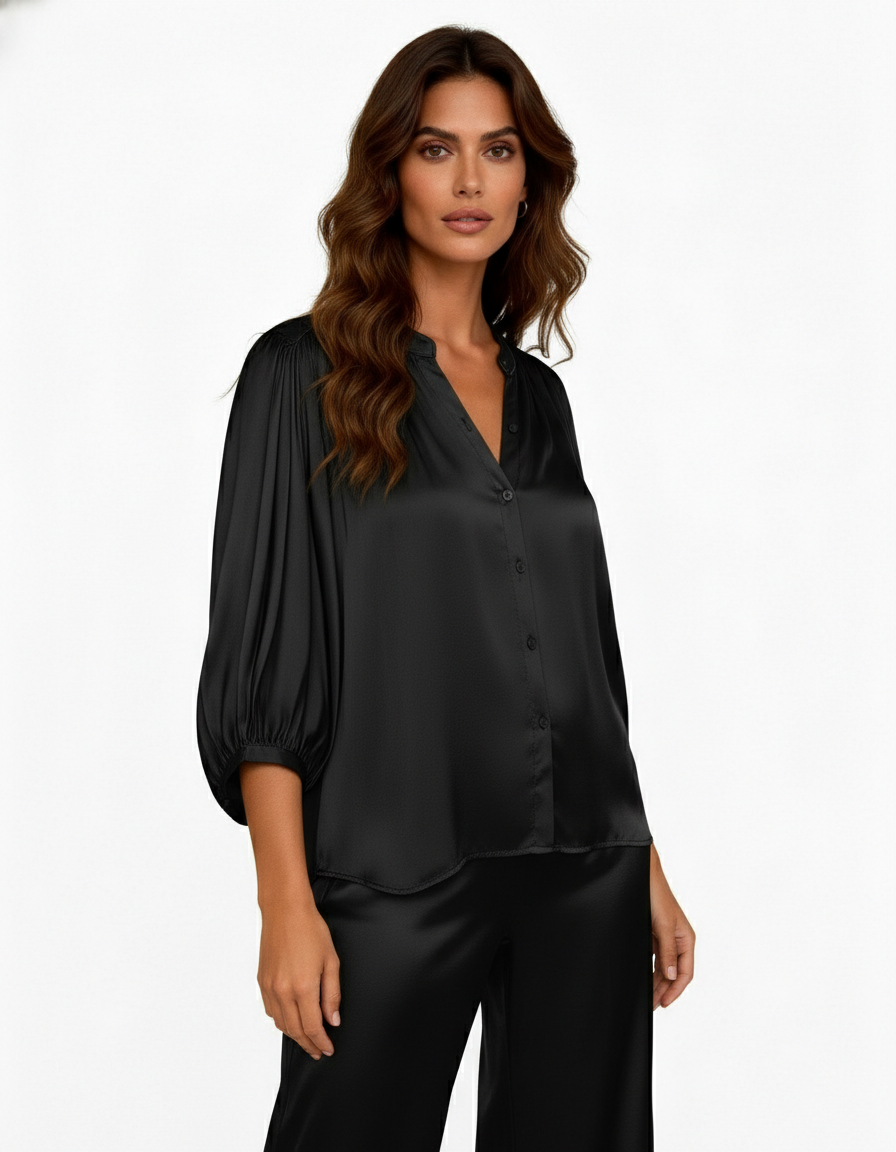 缎面衬衫，泡泡袖，立领