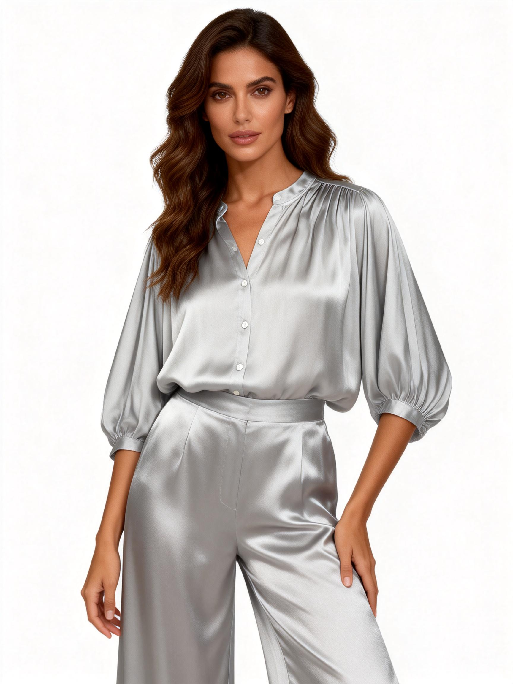 Camicia satin con maniche balloon e collo a fascetta