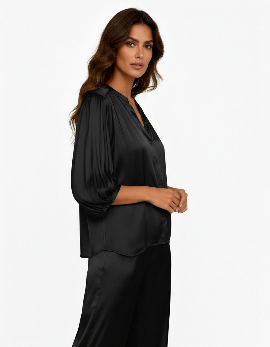 缎面衬衫，泡泡袖，立领