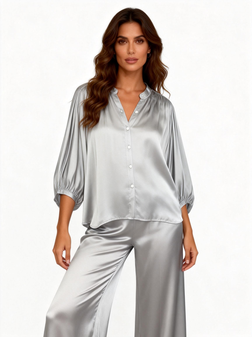 缎面衬衫，泡泡袖，立领