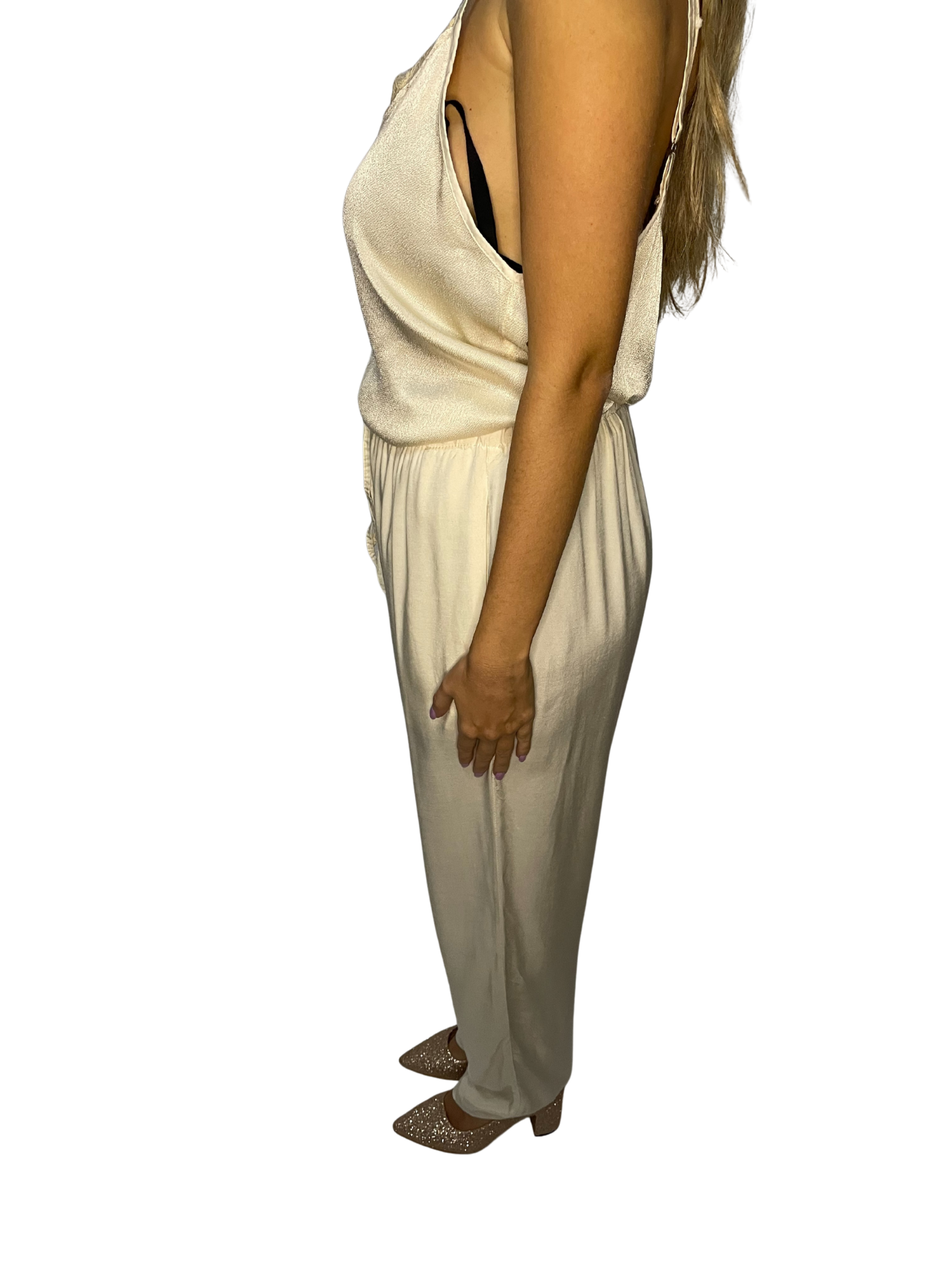 Pantalone dritto in satin fluido con vita elasticata