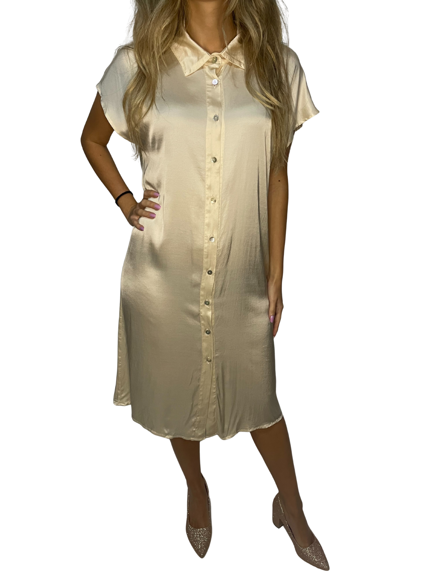 Abito chemisier lungo in satin fluido