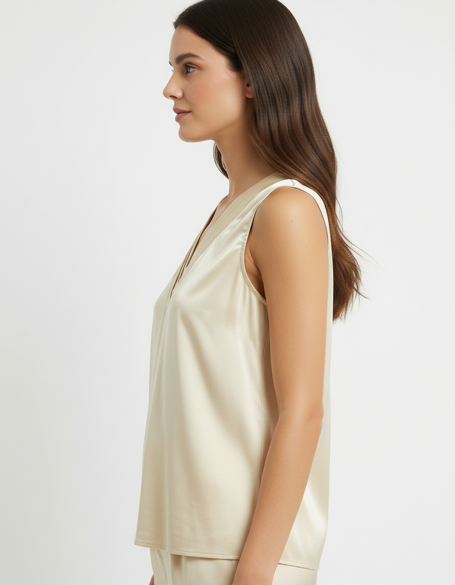 Top smanicato satin con scollo a V doppiato