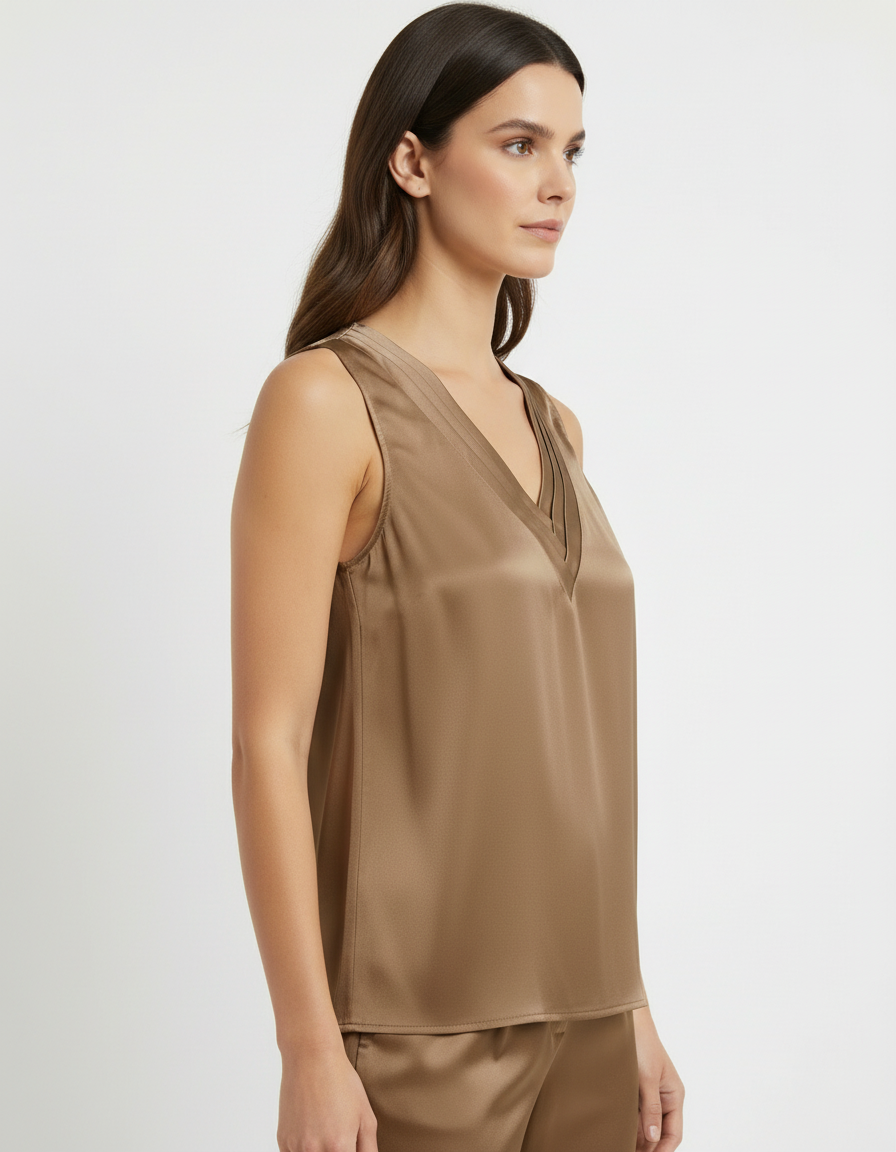 Top smanicato satin con scollo a V doppiato