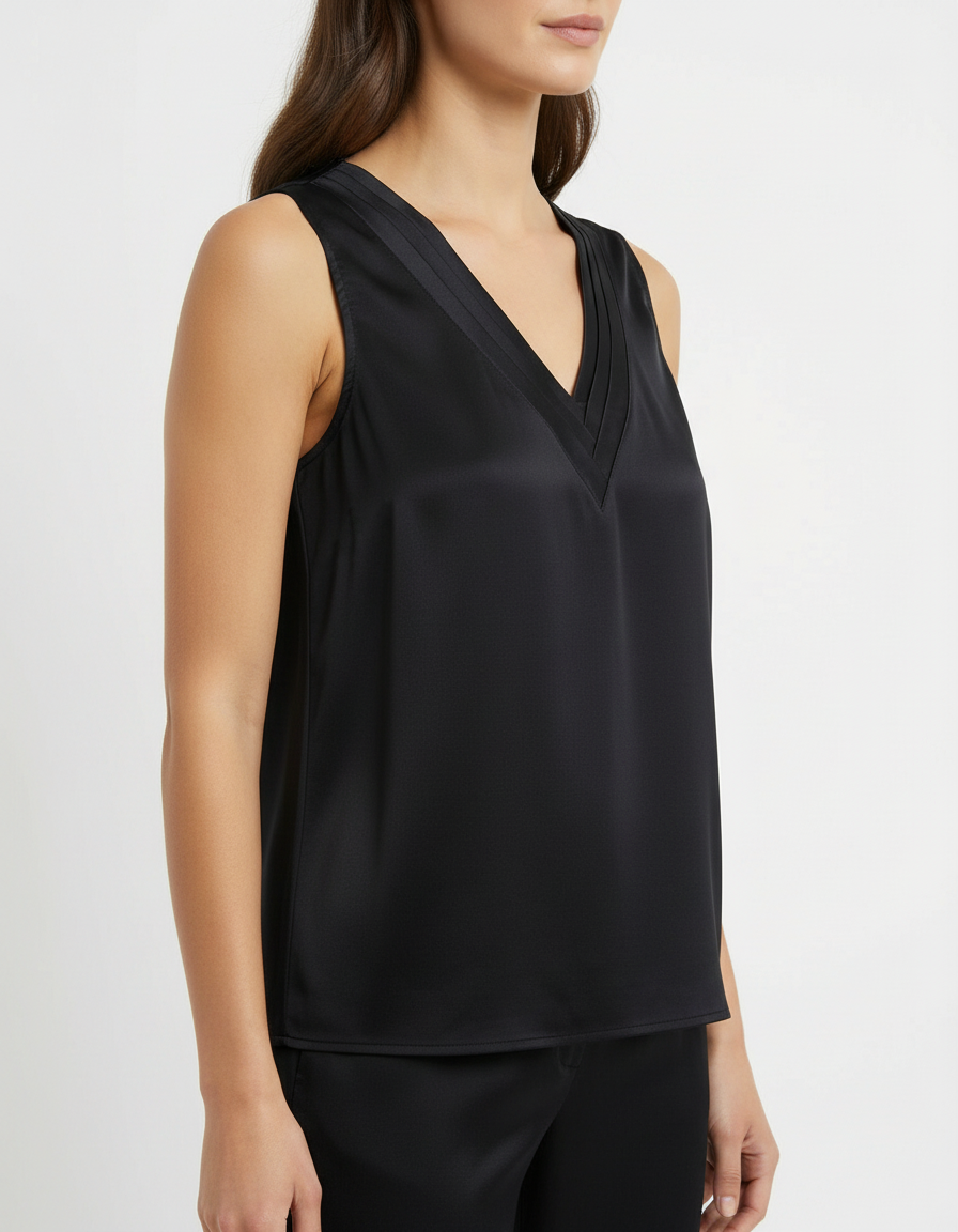 Top smanicato satin con scollo a V doppiato