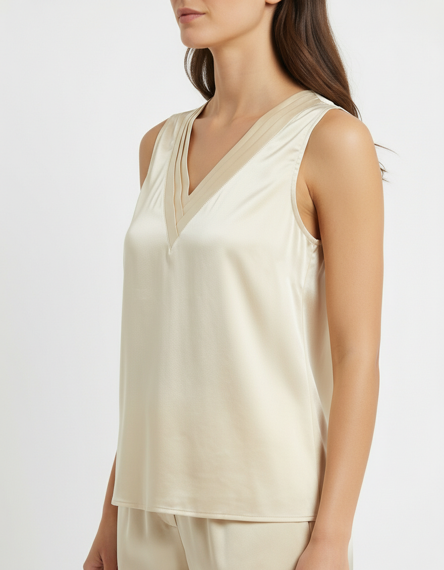 无袖缎面双V领上衣