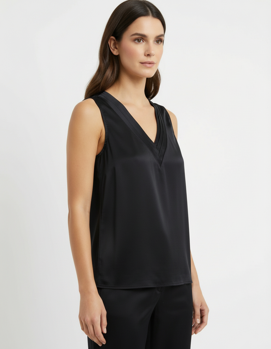 无袖缎面双V领上衣