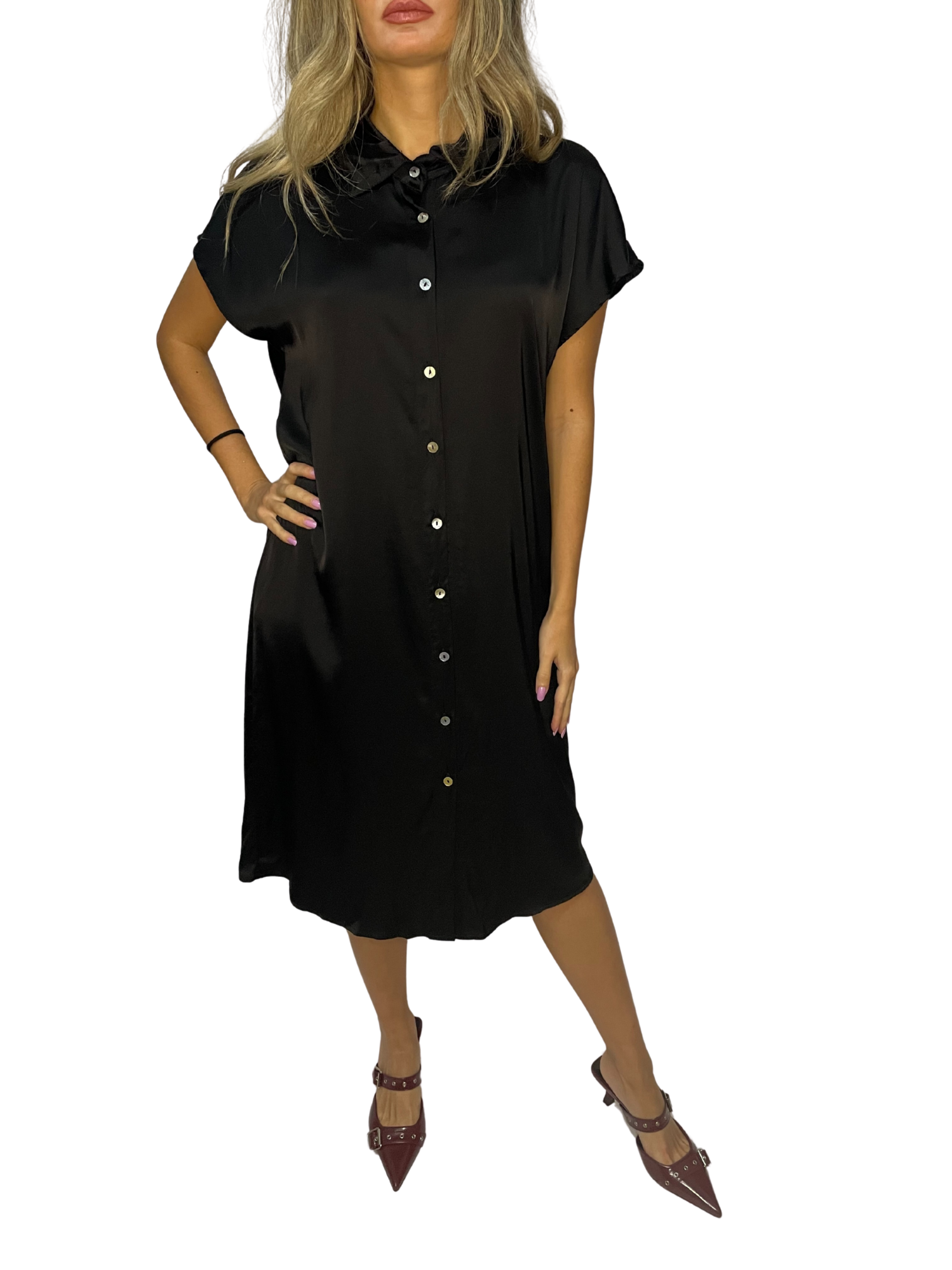 Abito chemisier lungo in satin fluido