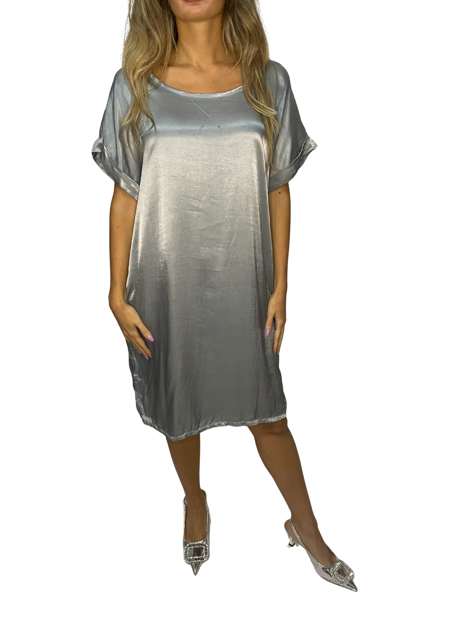 Tunica lunga satin con scollo ampio e manica risvolto