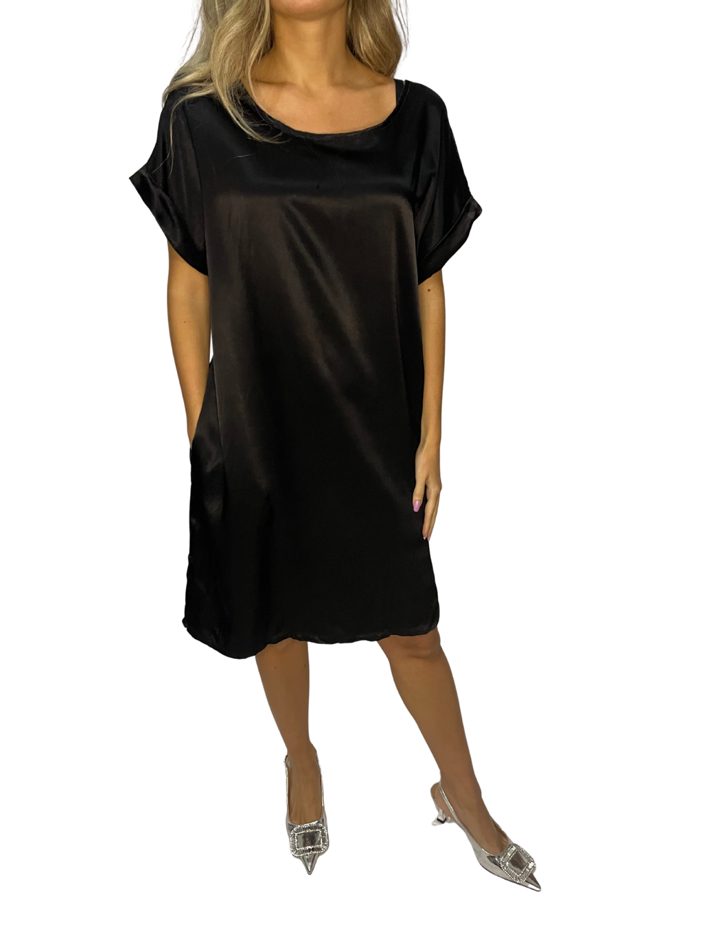 Tunica lunga satin con scollo ampio e manica risvolto