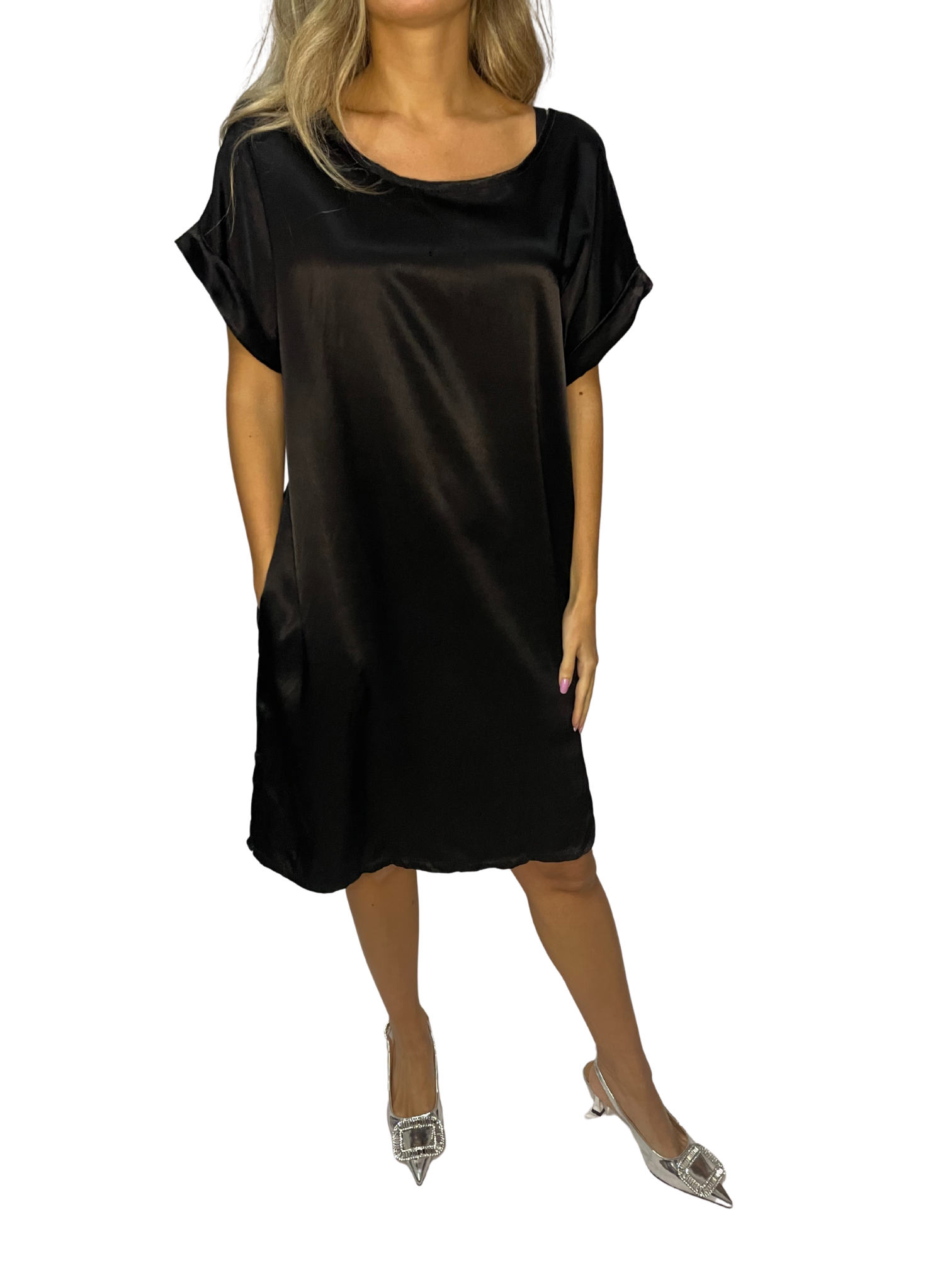 Tunica lunga satin con scollo ampio e manica risvolto