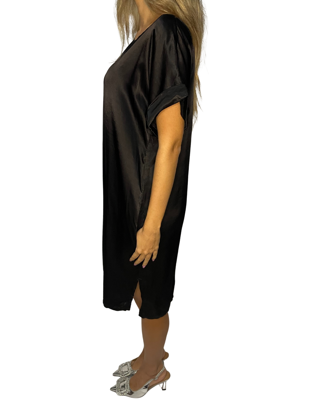 Tunica lunga satin con scollo ampio e manica risvolto