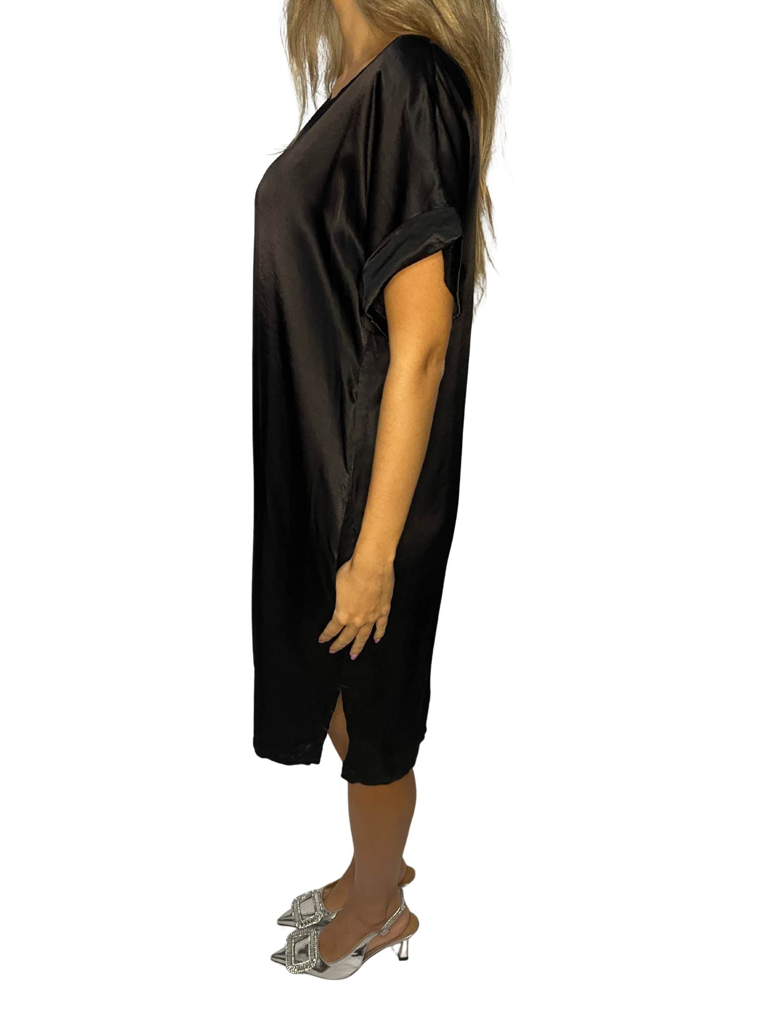 Tunica lunga satin con scollo ampio e manica risvolto