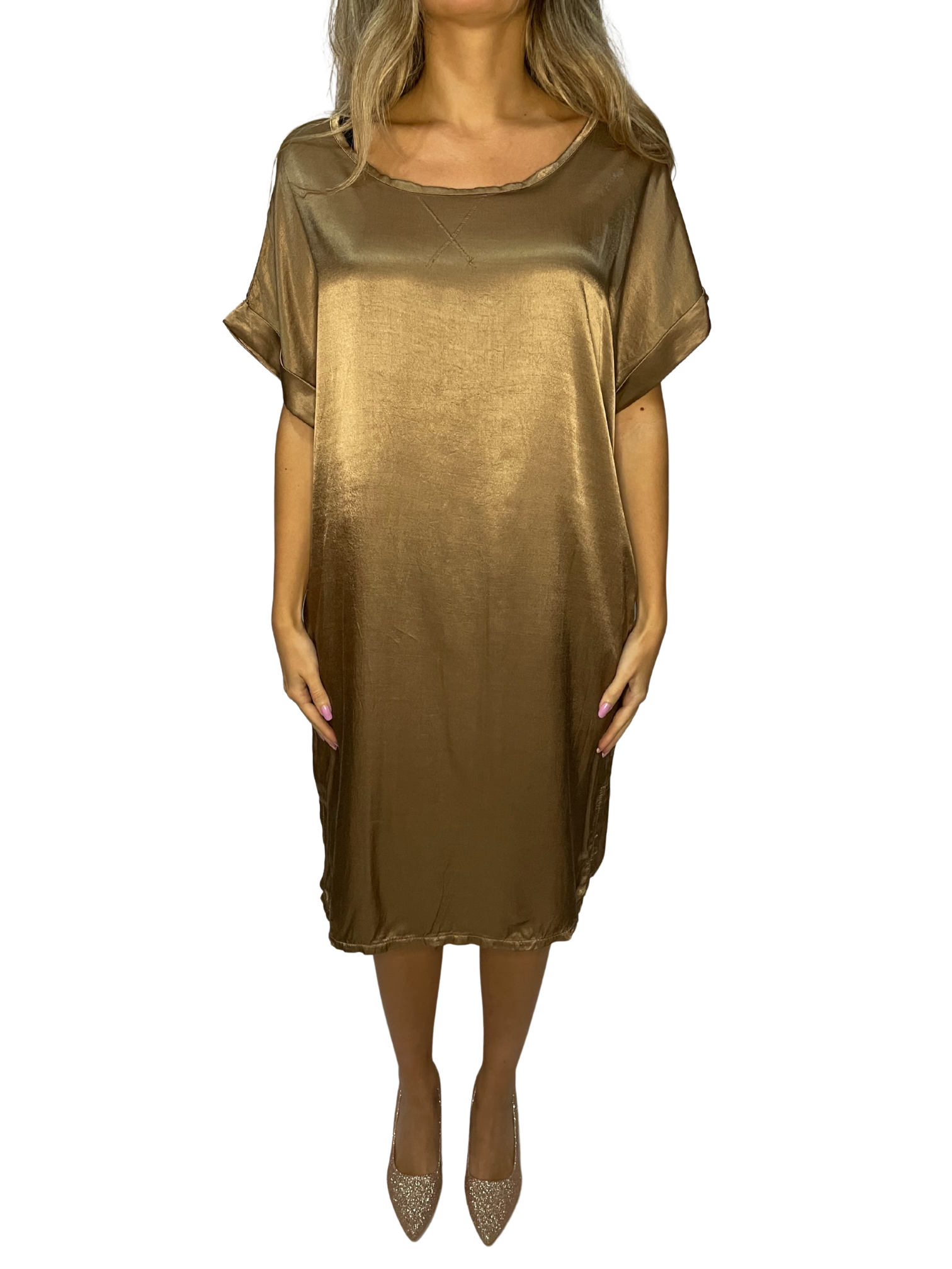 Tunica lunga satin con scollo ampio e manica risvolto