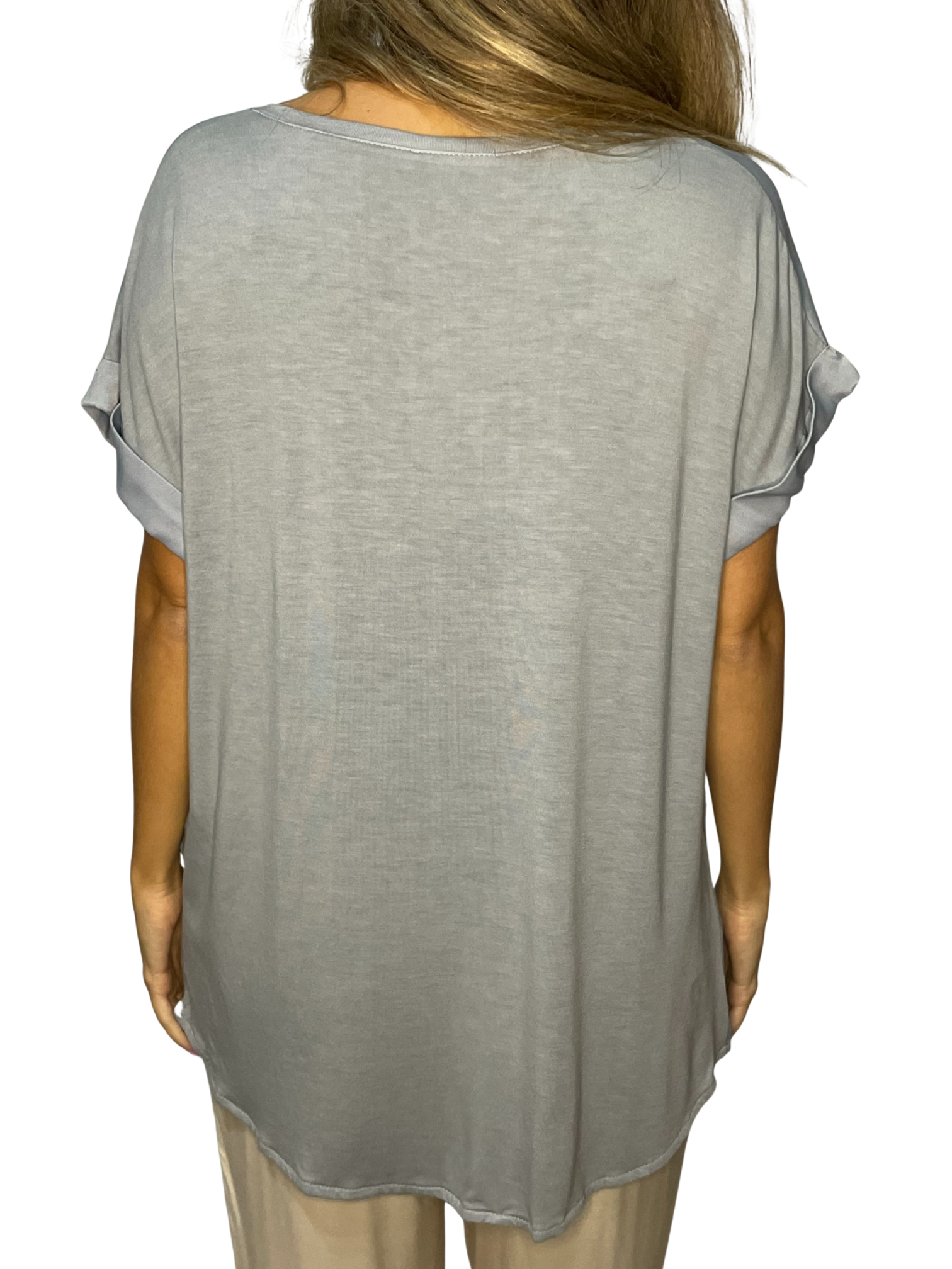 Maglia fluida mix satin-jersey con scollo a V e fondo asimmetrico