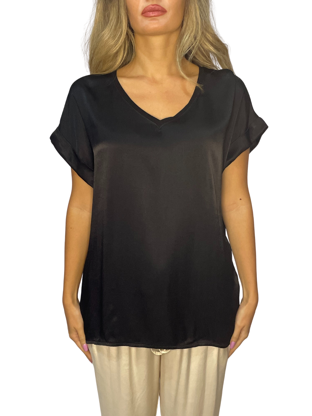 Maglia fluida mix satin-jersey con scollo a V e fondo asimmetrico