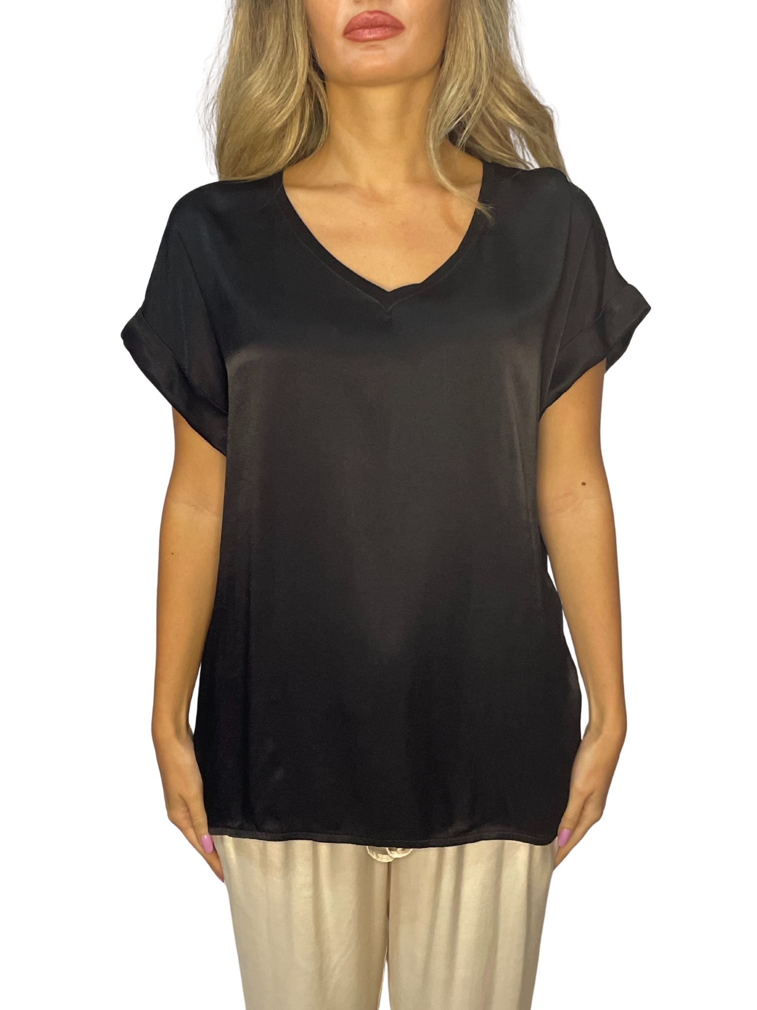 Maglia fluida mix satin-jersey con scollo a V e fondo asimmetrico