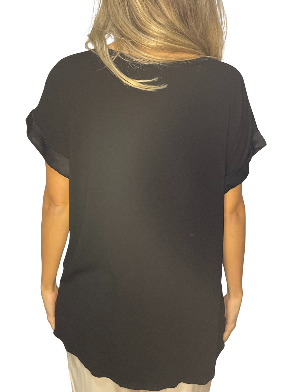 Maglia fluida mix satin-jersey con scollo a V e fondo asimmetrico