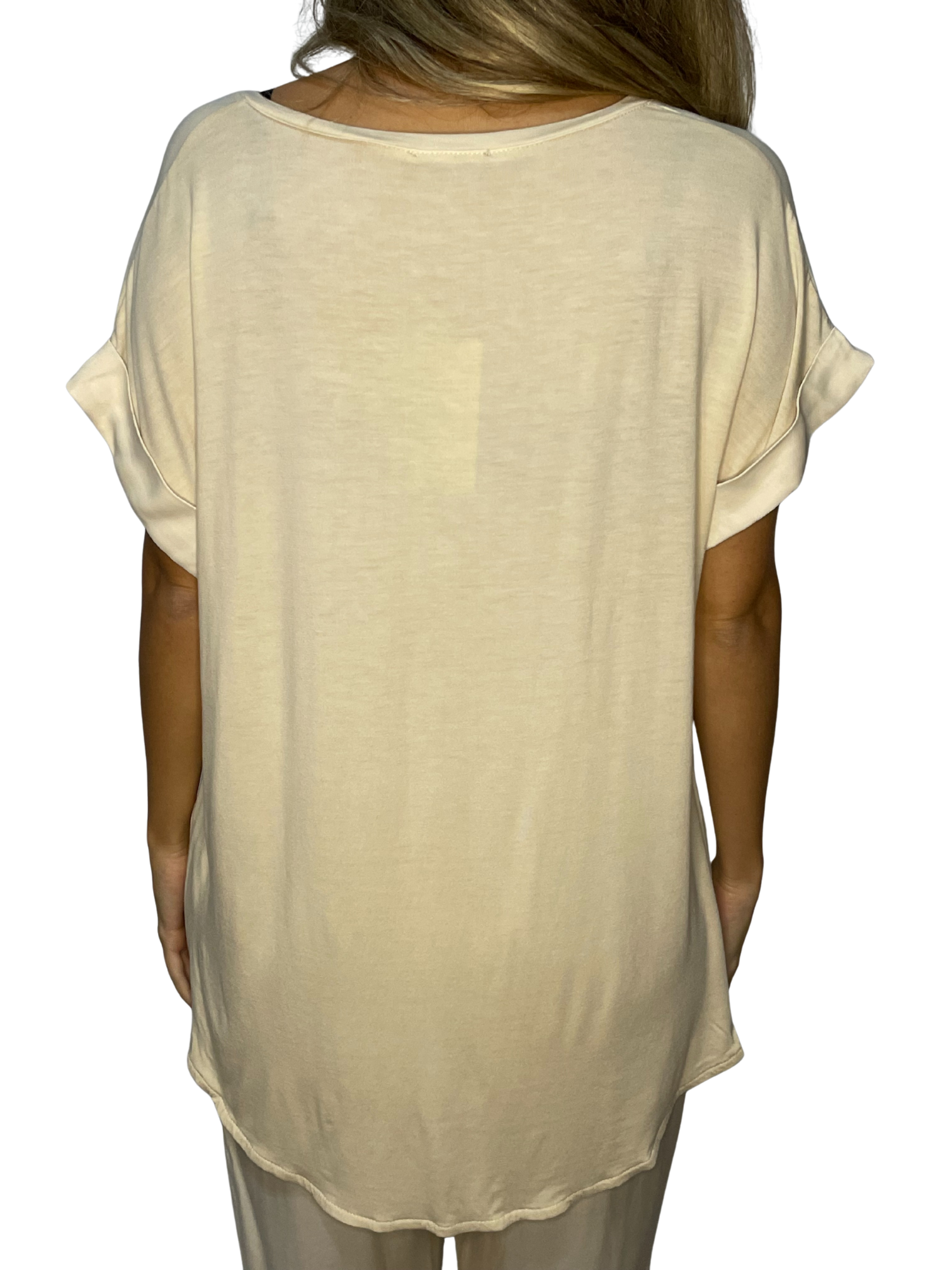 Maglia fluida mix satin-jersey con scollo a V e fondo asimmetrico