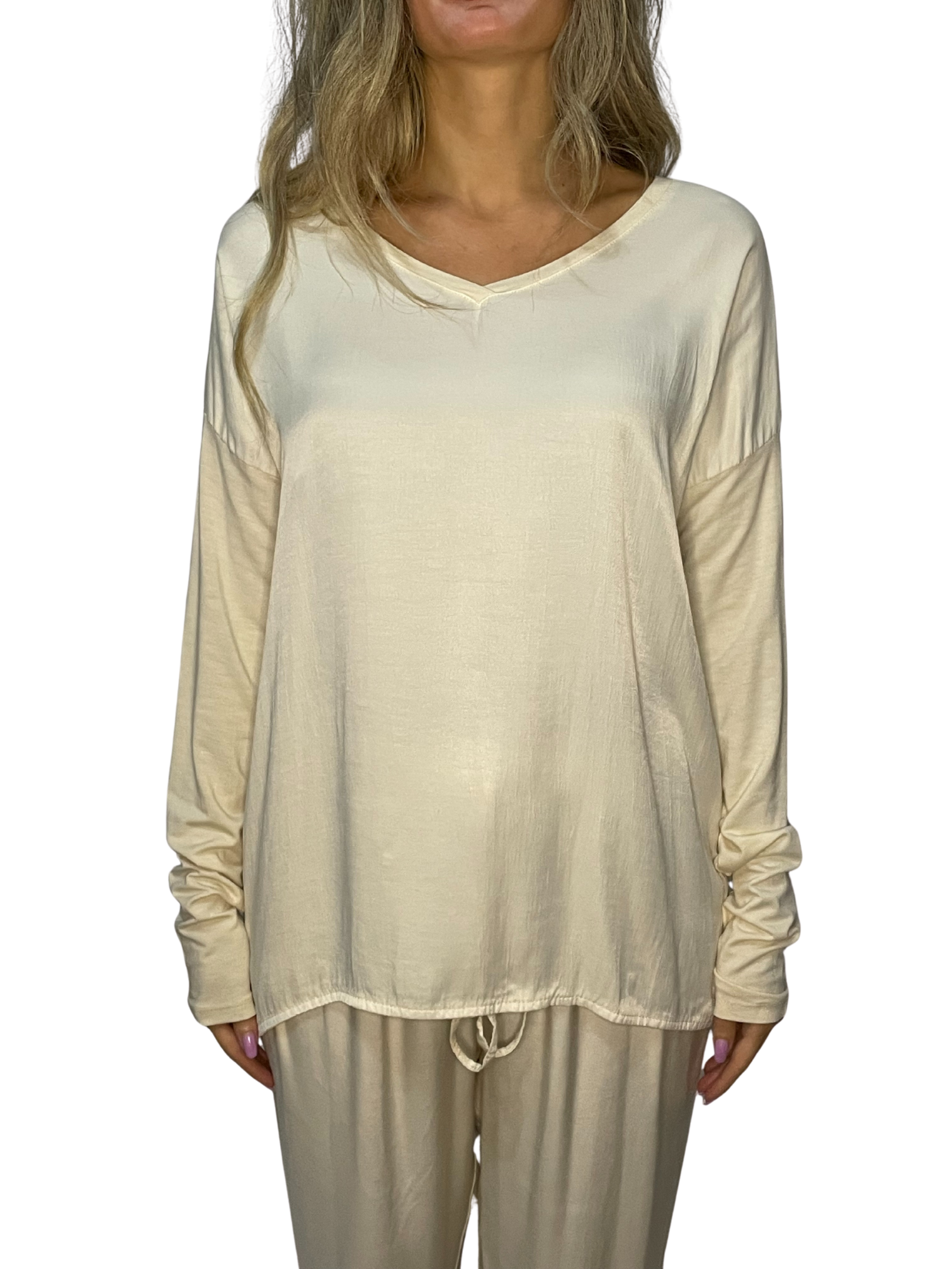 Maglia lunga mix satin-jersey con scollo a V