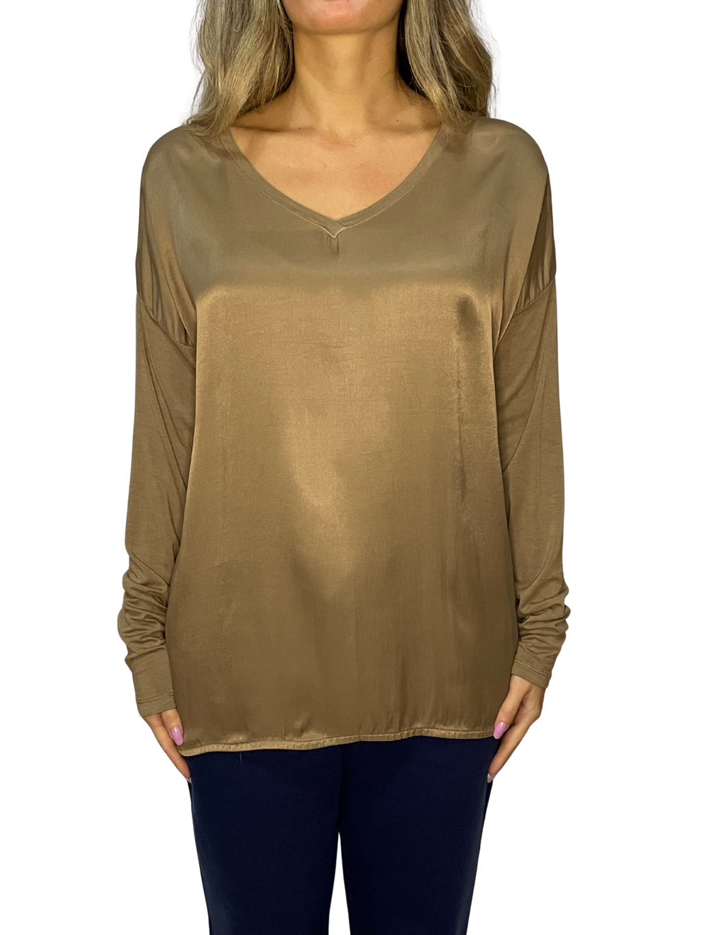 Maglia lunga mix satin-jersey con scollo a V