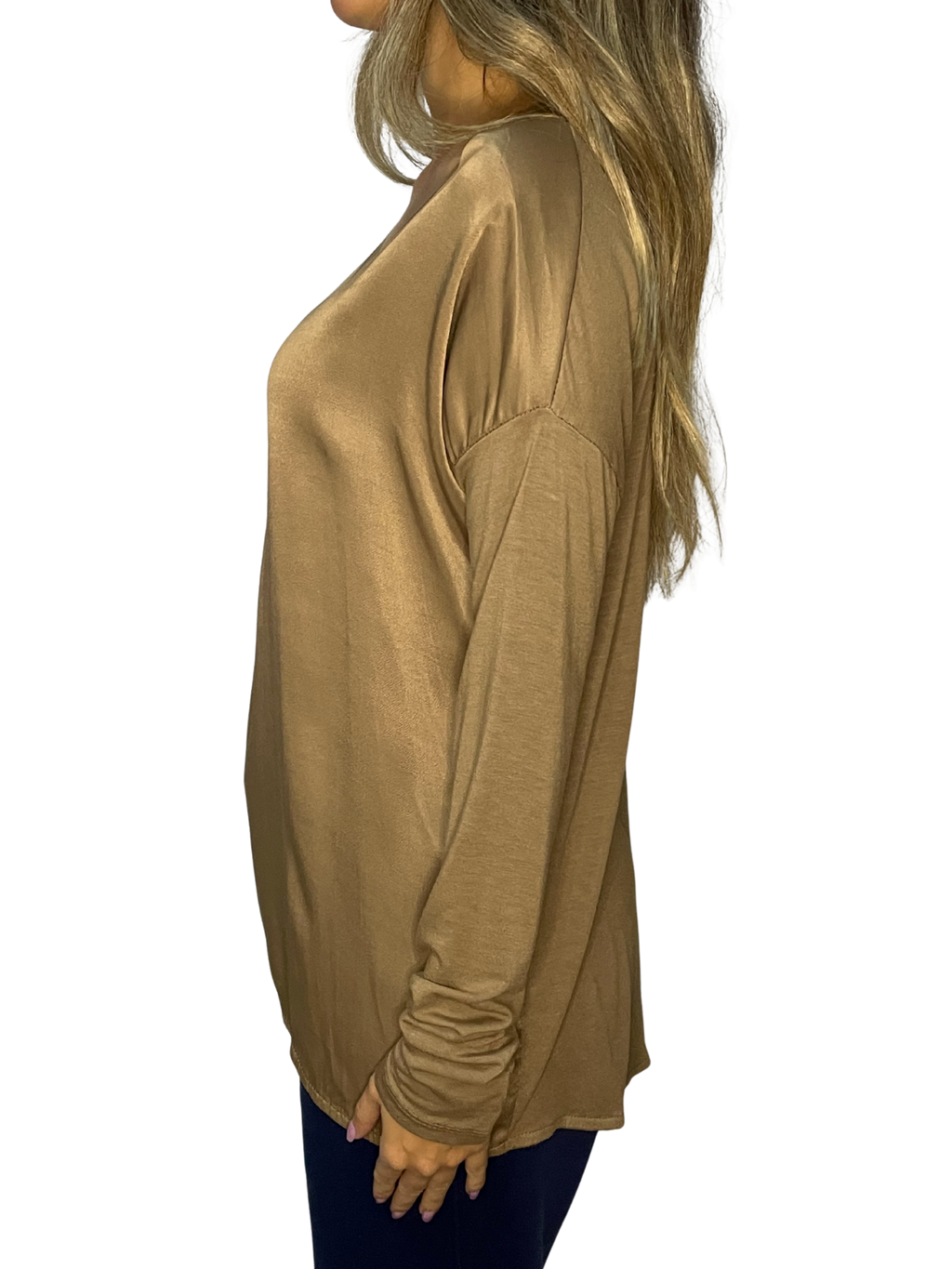 Maglia lunga mix satin-jersey con scollo a V