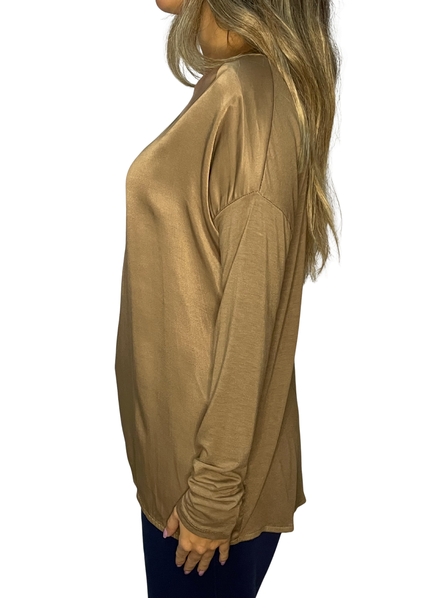 Maglia lunga mix satin-jersey con scollo a V