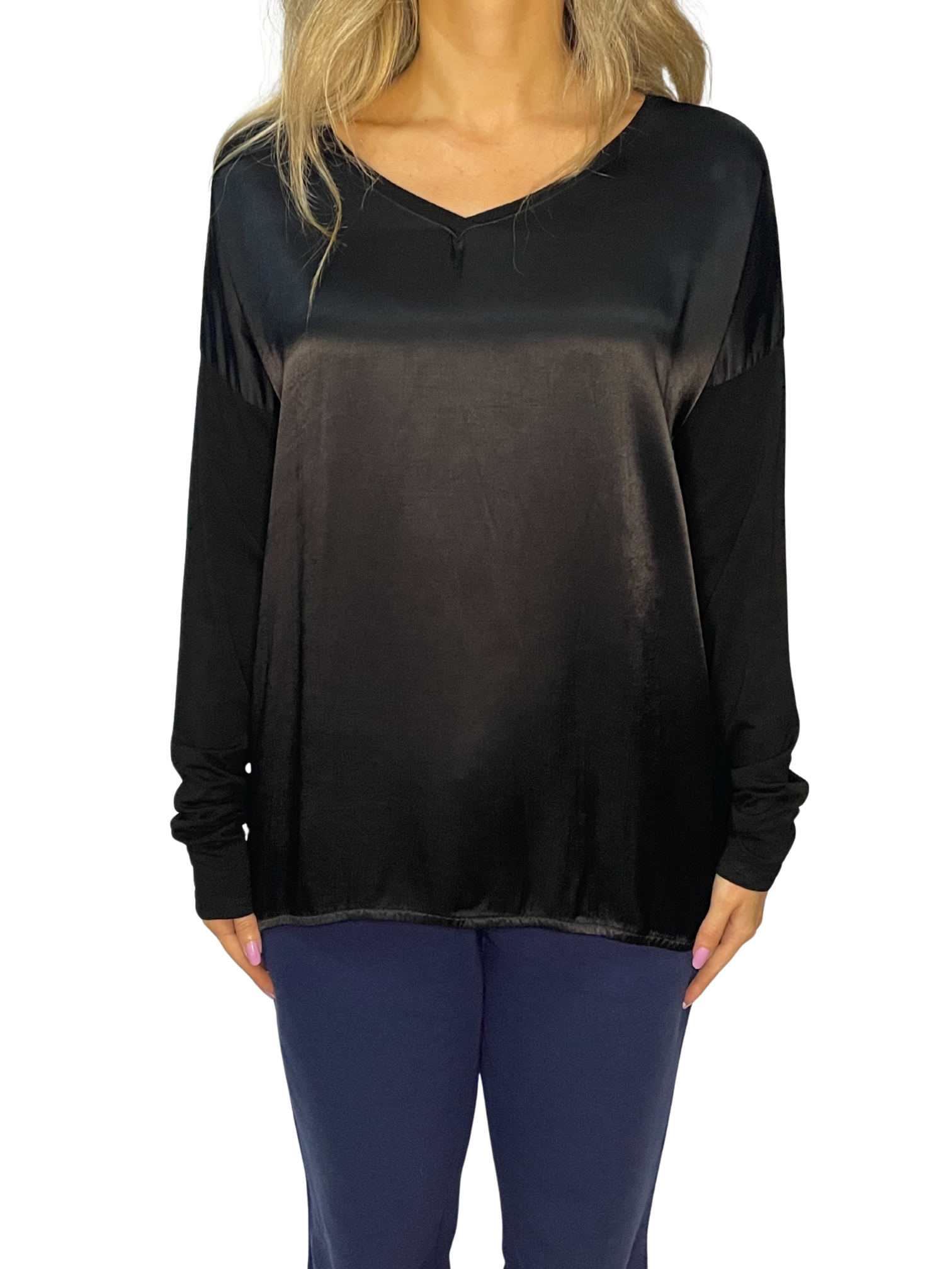 Maglia lunga mix satin-jersey con scollo a V