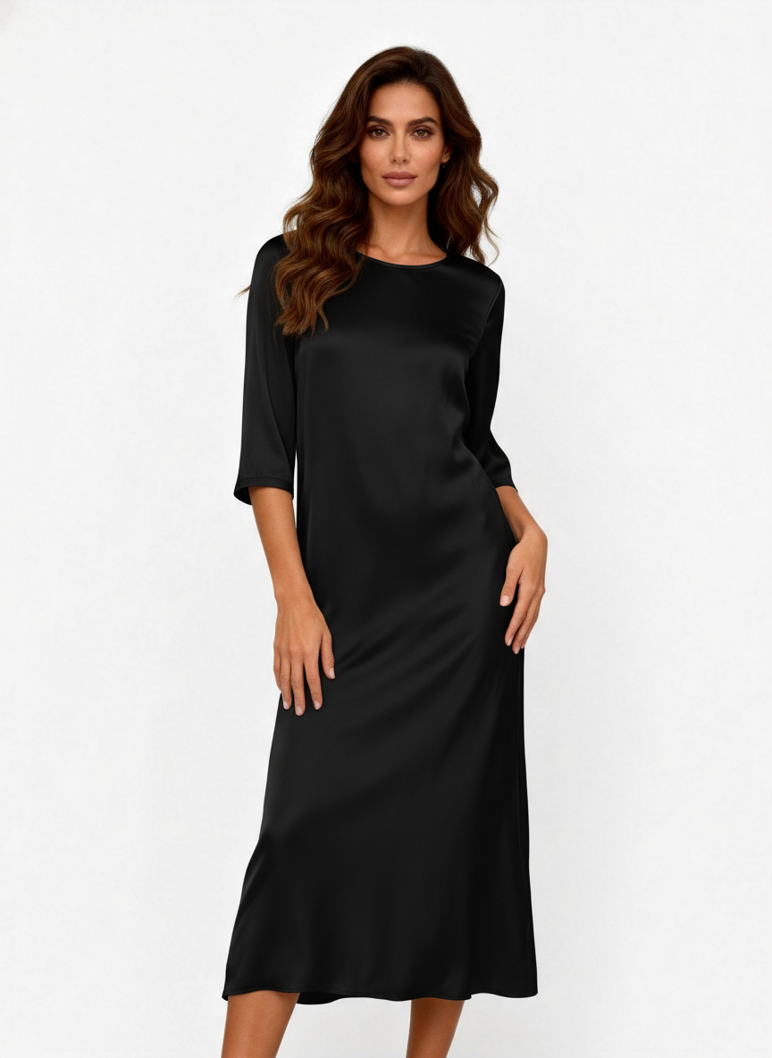 Abito lungo fluido in satin con manica 3/4