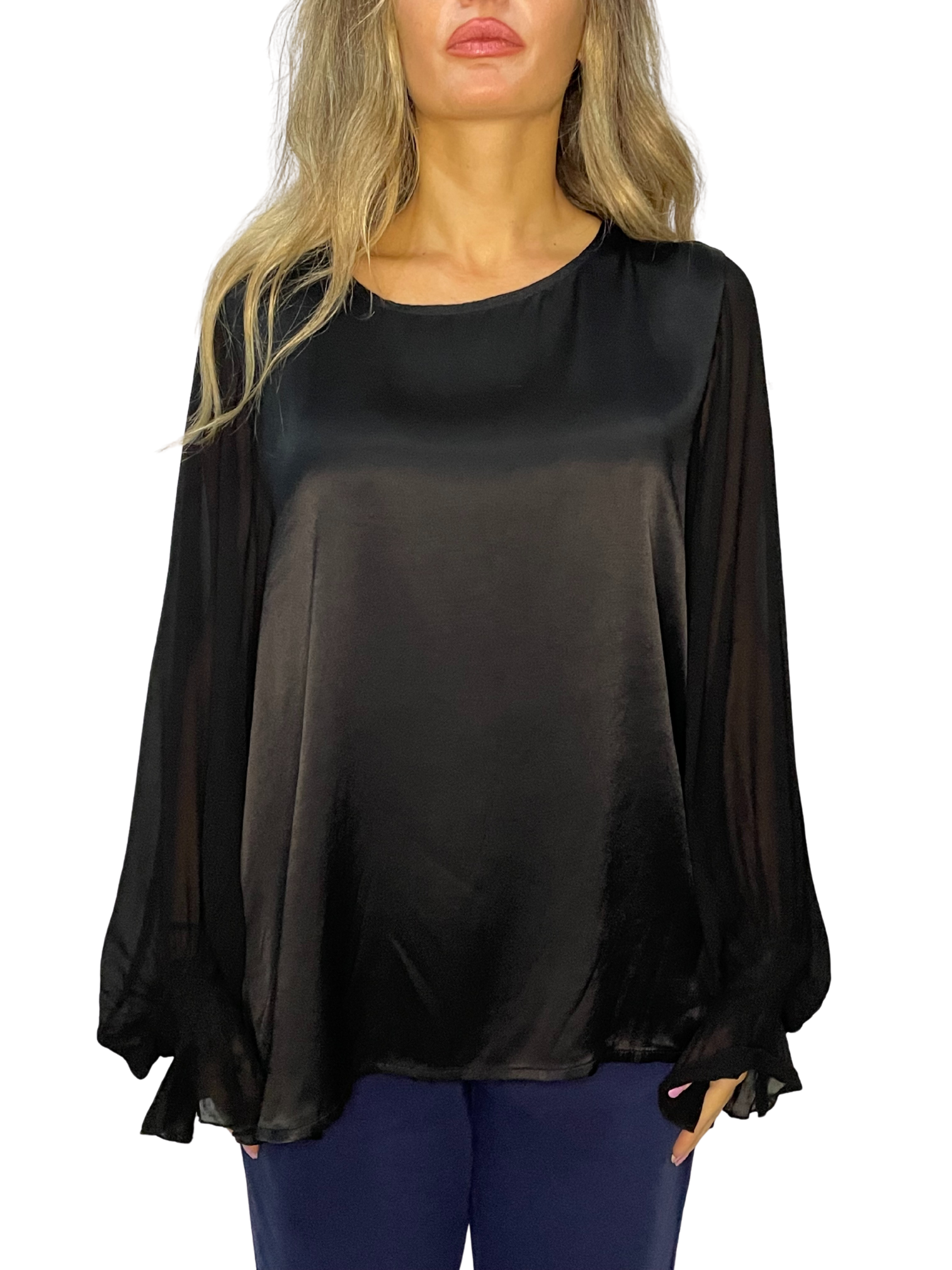 Blusa con maniche ampie, polsino arricciato e goccia sul retro