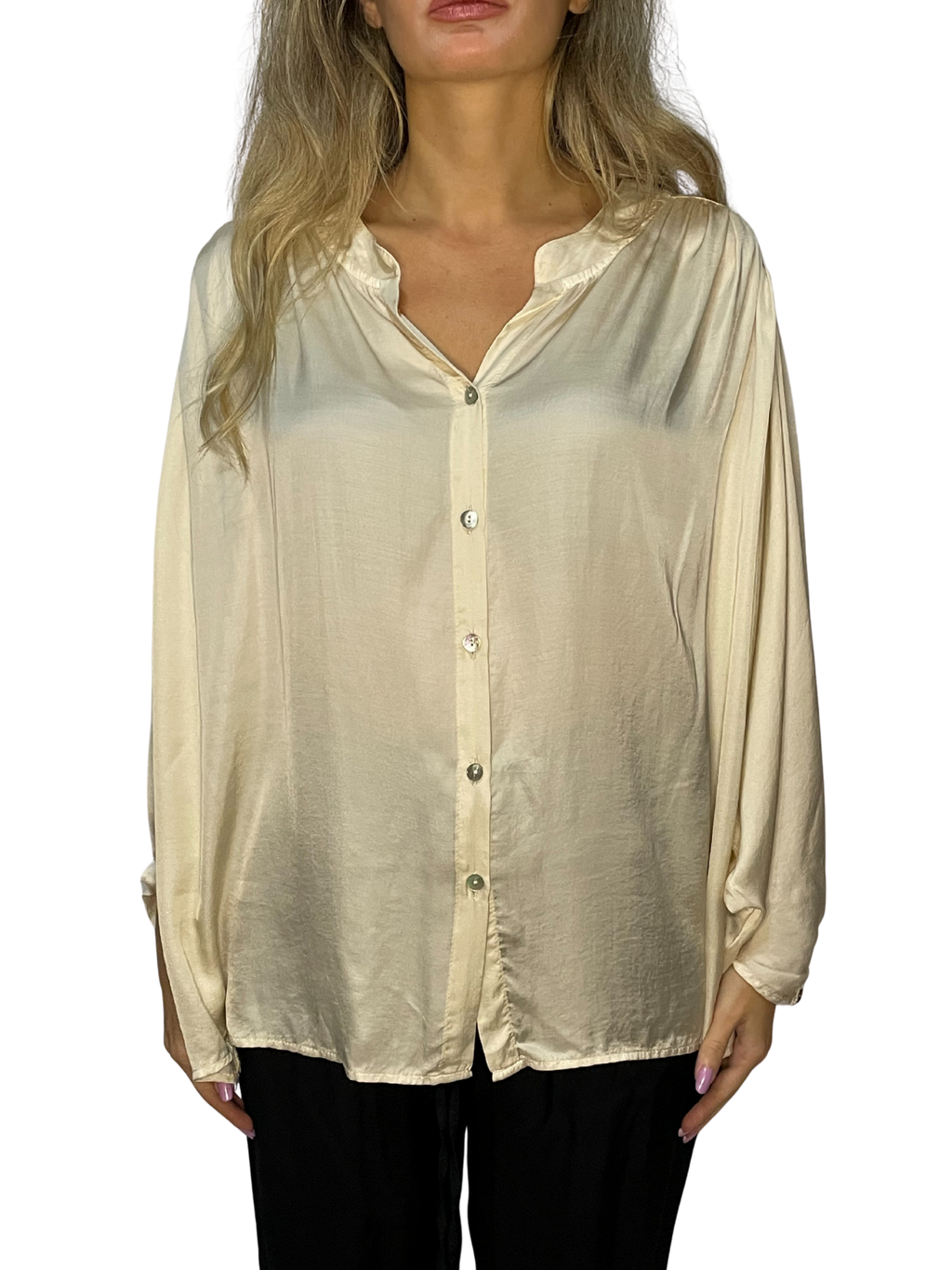 Camicia satin con maniche balloon e collo a fascetta