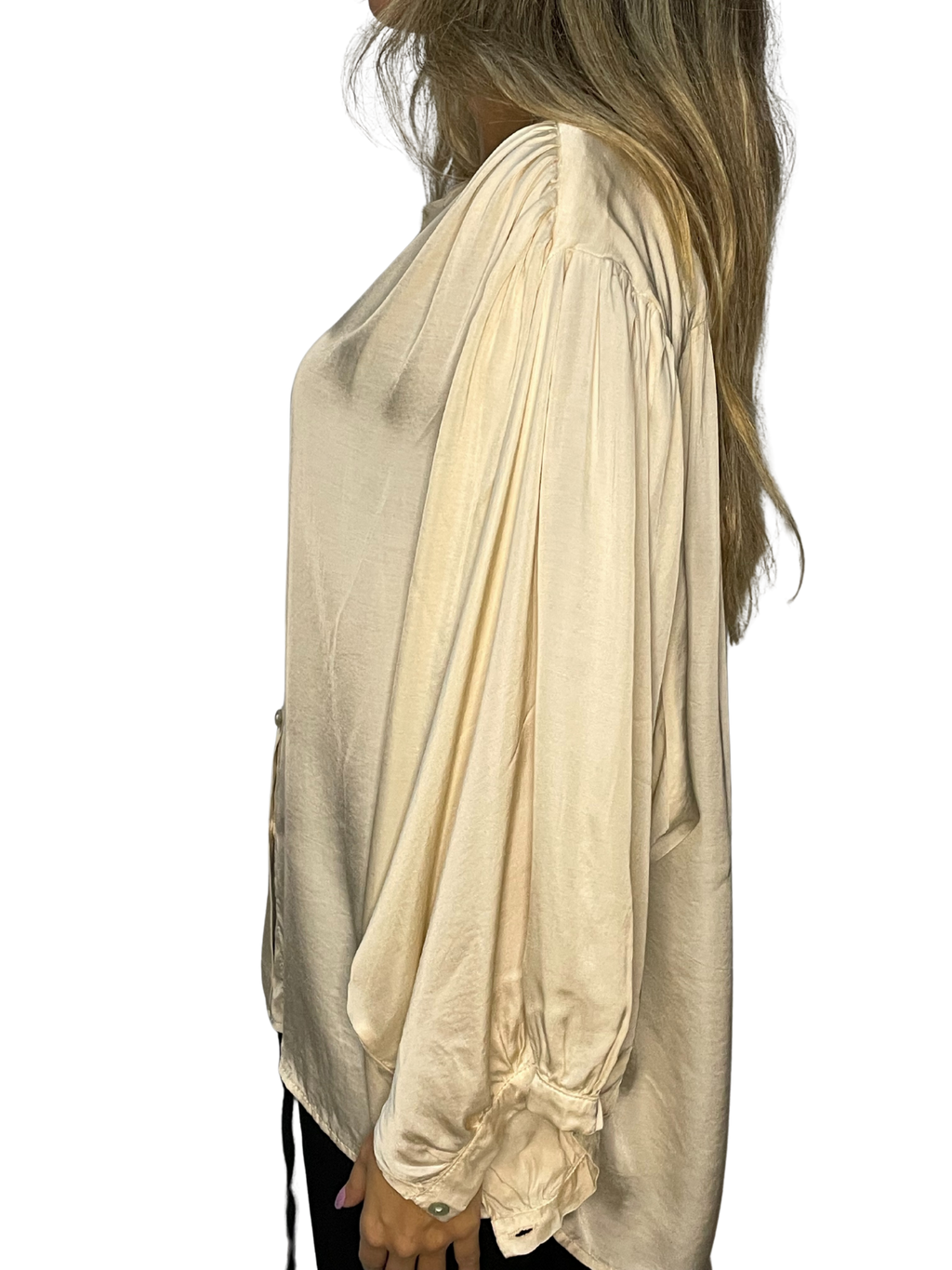 Camicia satin con maniche balloon e collo a fascetta