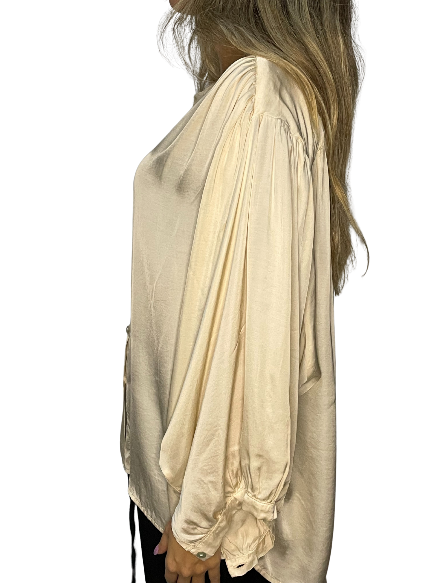 Camicia satin con maniche balloon e collo a fascetta