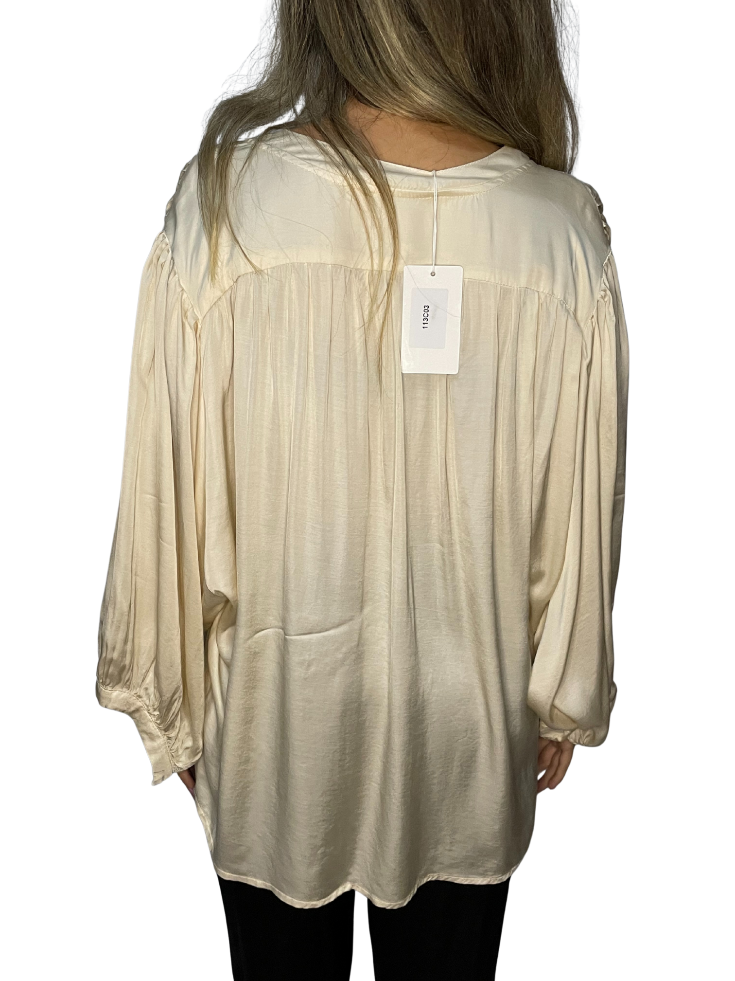 Camicia satin con maniche balloon e collo a fascetta