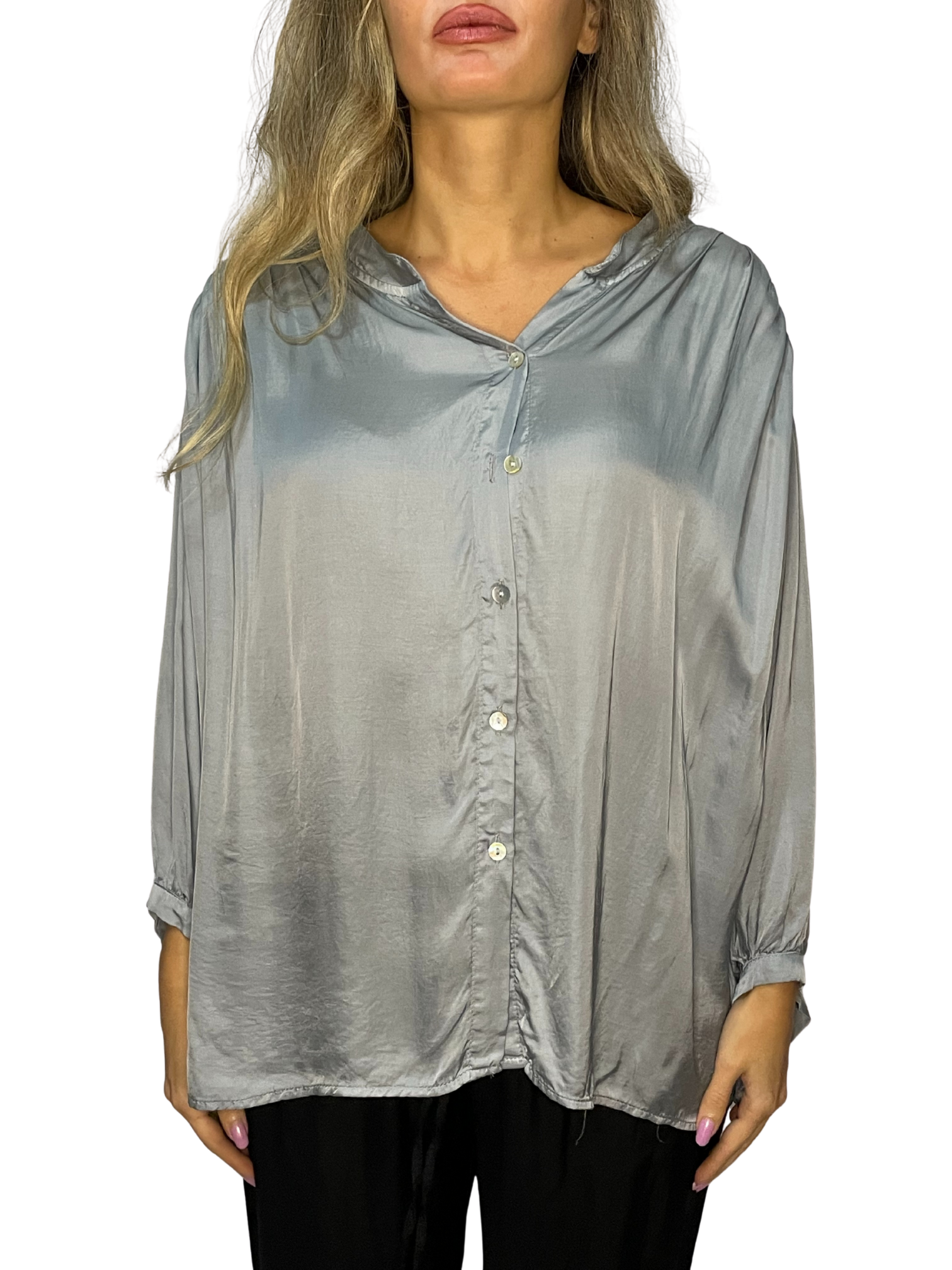 Camicia satin con maniche balloon e collo a fascetta