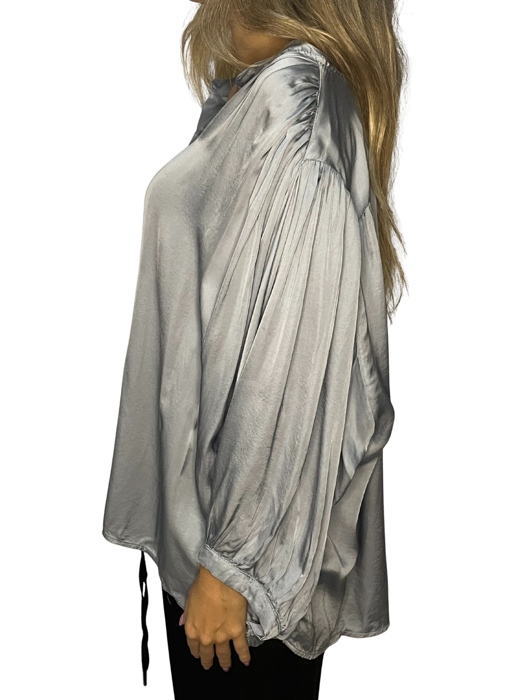 Camicia satin con maniche balloon e collo a fascetta