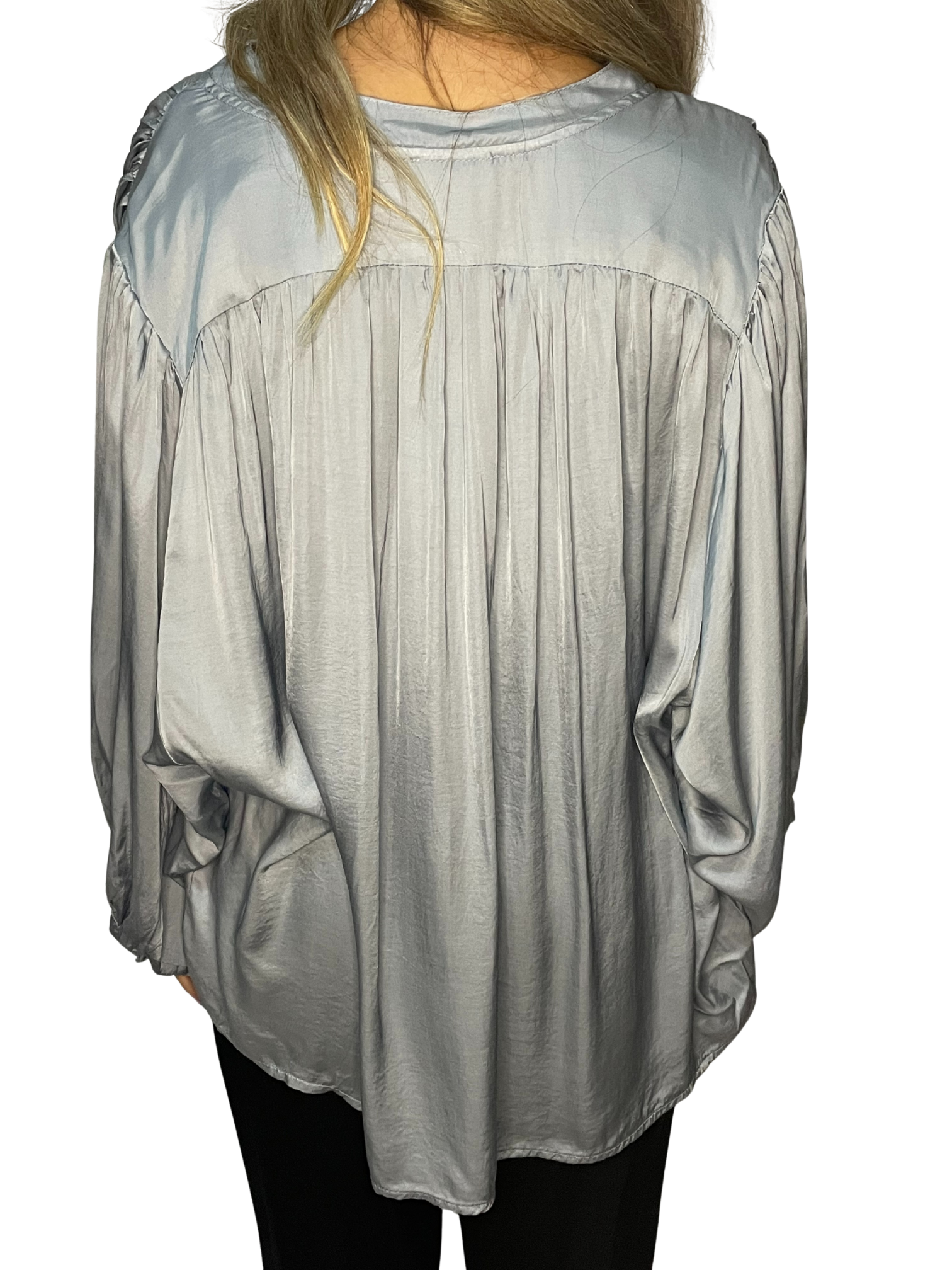 Camicia satin con maniche balloon e collo a fascetta