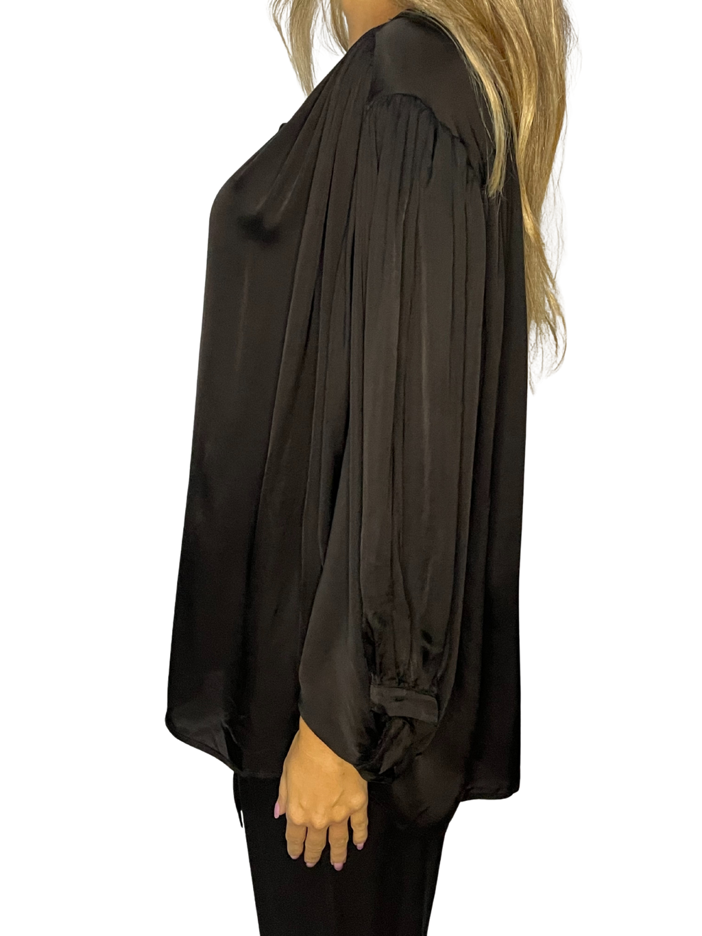 Camicia satin con maniche balloon e collo a fascetta