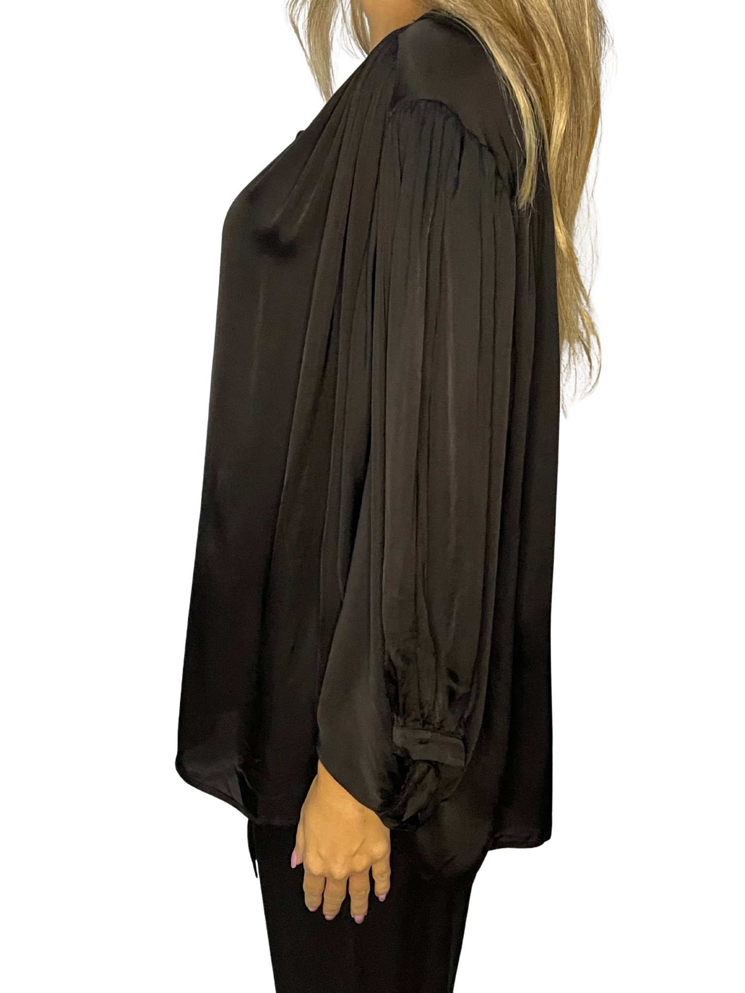 Camicia satin con maniche balloon e collo a fascetta