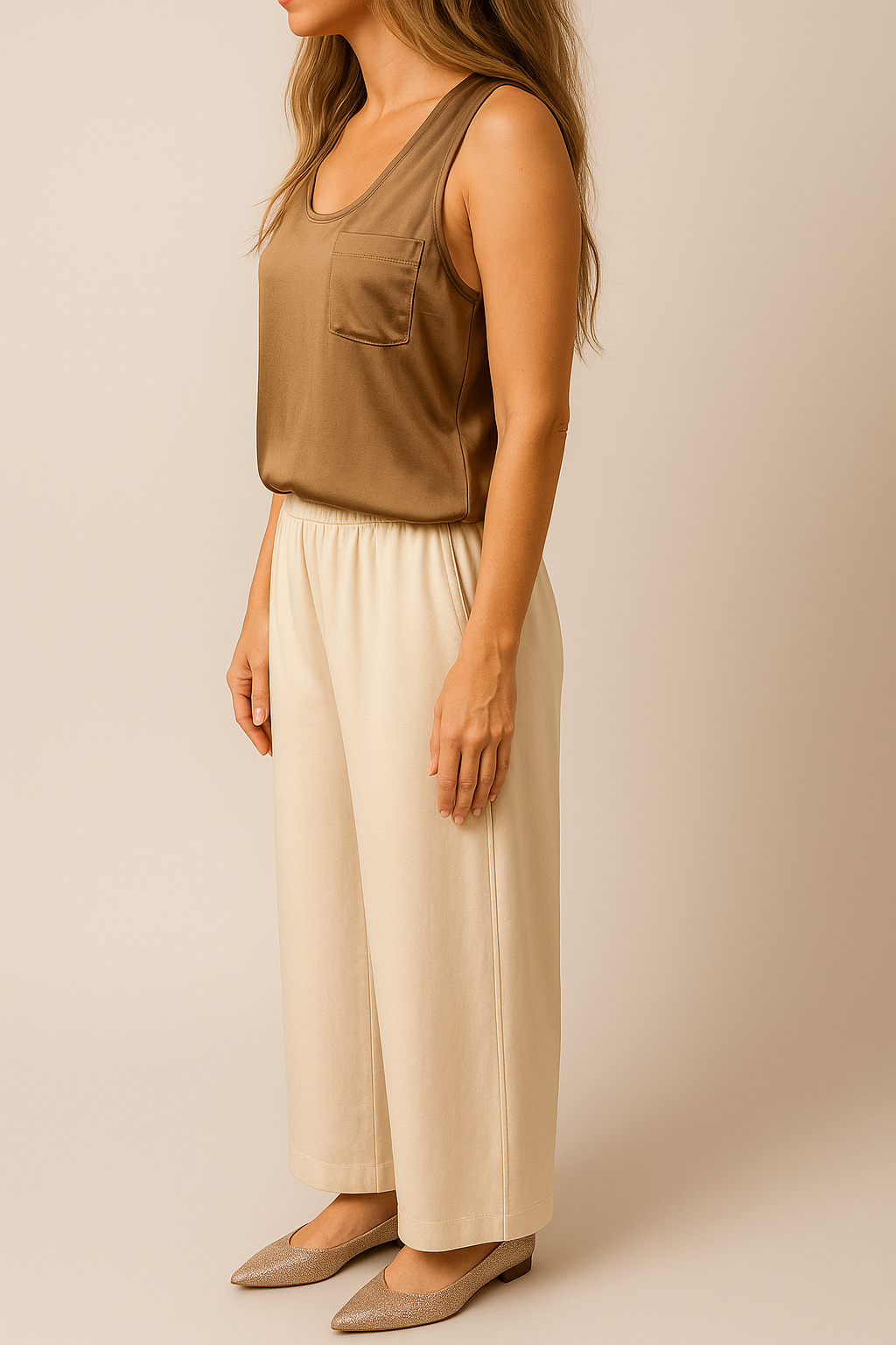 Pantalone ampio in tessuto fluido con vita elasticata