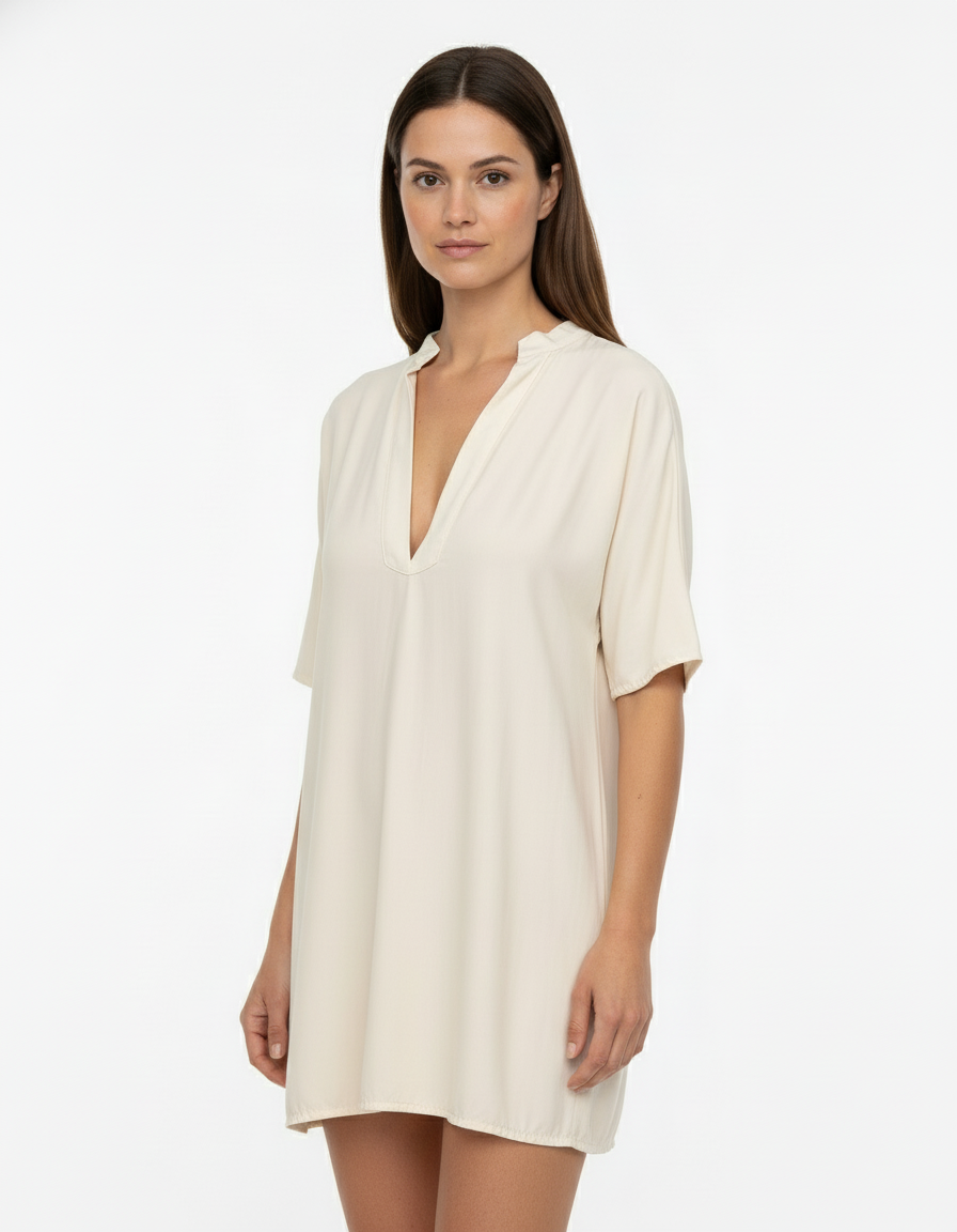 Tunica lunga satin con collo alla coreana e scollo a V